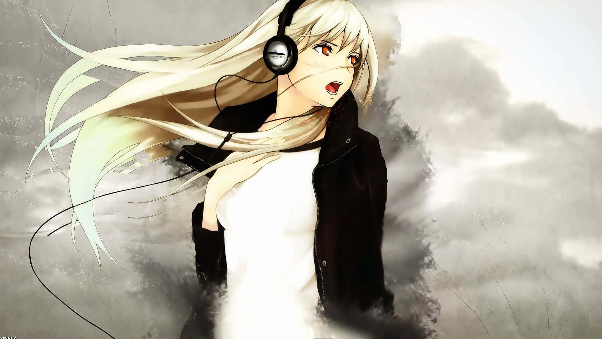 Cute Music 桌布 壁紙 — 一個金髮紅眼的動漫女孩戴著耳機和黑色外套，背景是暴風雨灰色天空。