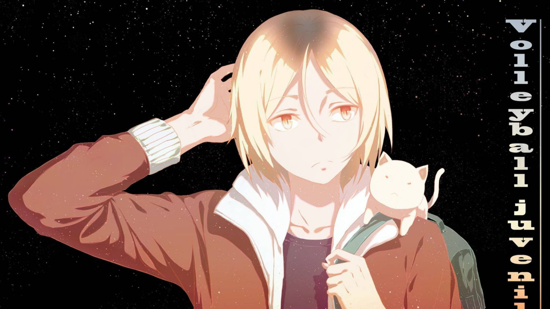 Kenma Kozume 桌布 壁紙 — 一個金髮紅眼的動漫女孩抱著一隻白色貓咪玩偶，背景是滿天星斗的夜空。