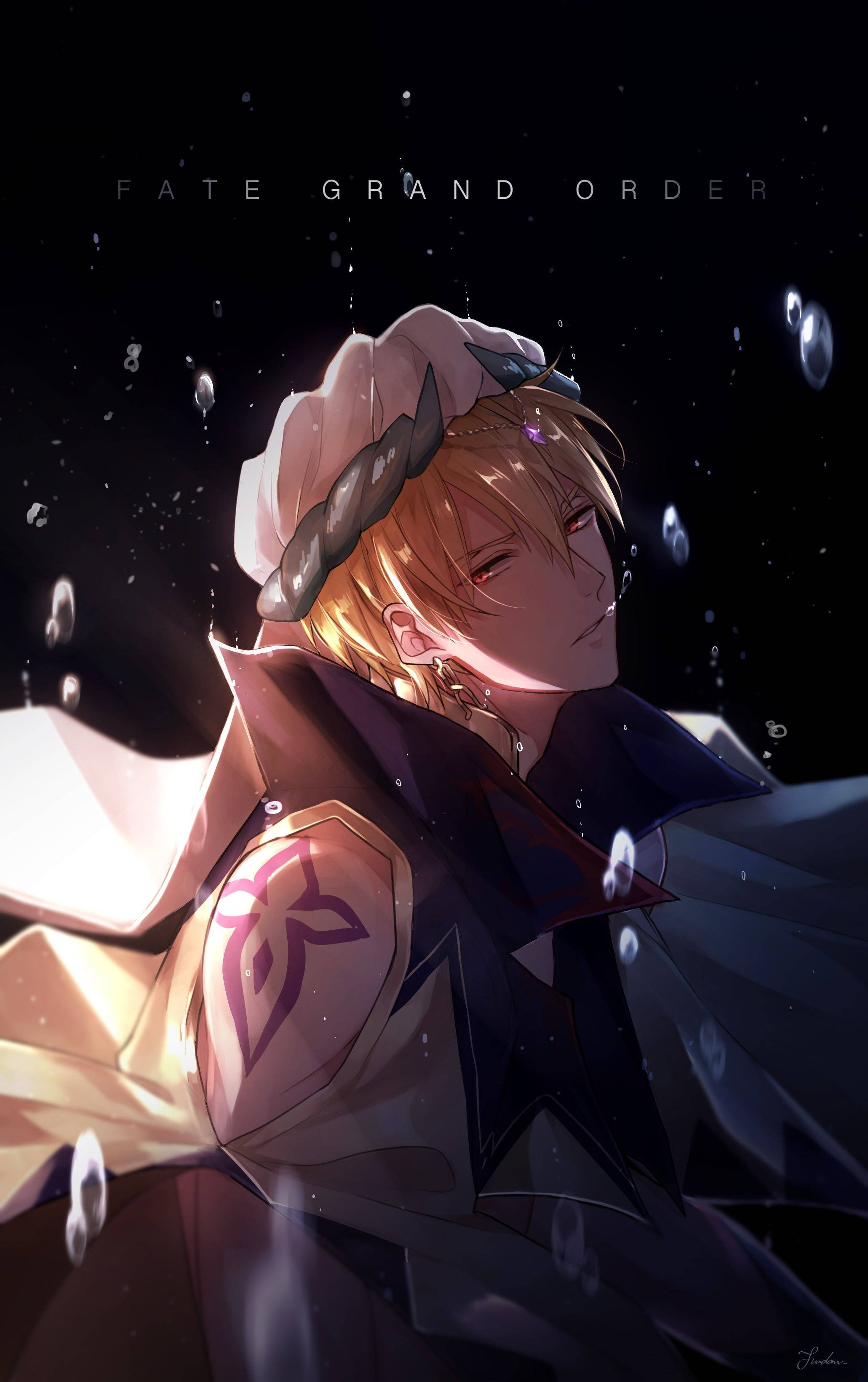 Fate 桌布 壁紙 — 一個金髮紅眼的動漫角色站在黑暗空間，周圍有浮動的氣泡和柔和光線。