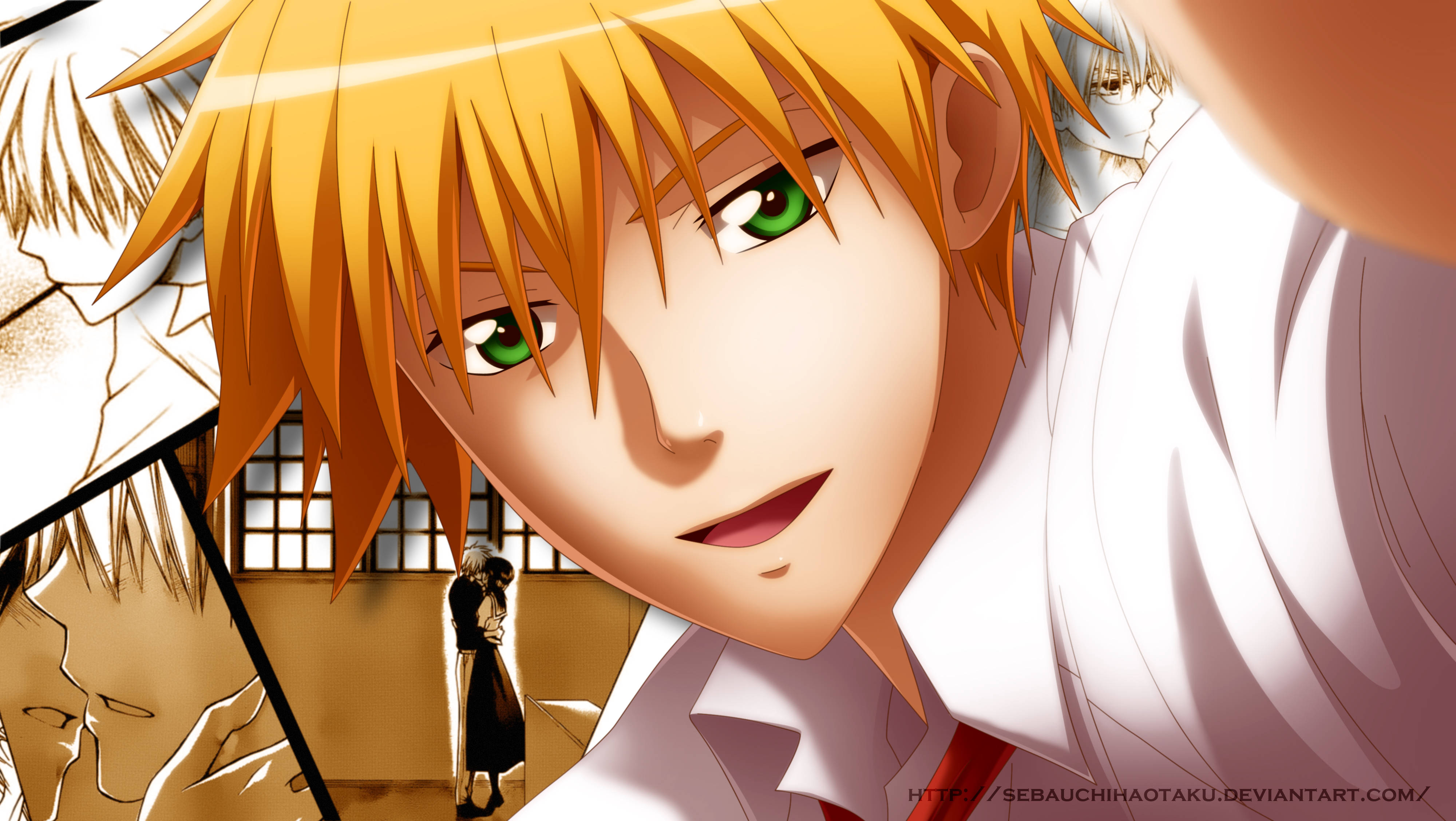 Maid Sama 桌布 壁紙 — 一個金髮綠眼男性角色的特寫動畫肖像，帶著自信的假笑，背景是漫畫風格場景的拼貼畫。