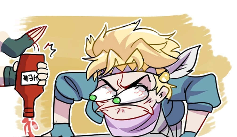 Caesar Anthonio Zeppeli 桌布 壁紙 — 一個金髮綠眼的動漫角色，因一隻手將番茄醬瓶擠壓在他的臉上而痛苦地扭曲表情。