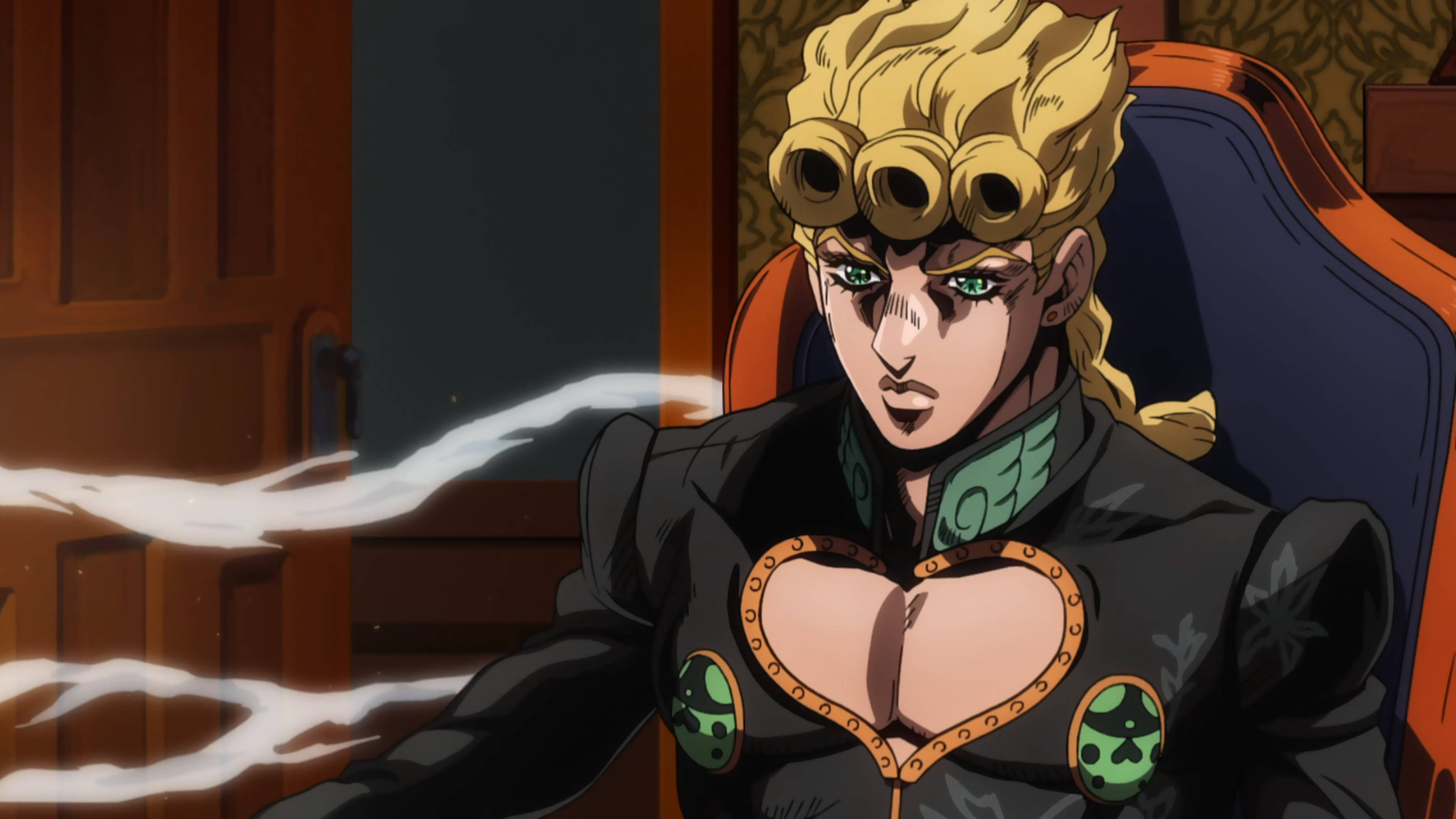 jojo 4K 桌布 壁紙 — 一個金髮綠眼的動漫角色坐在椅子上，白色的能量從他們的手中流出。