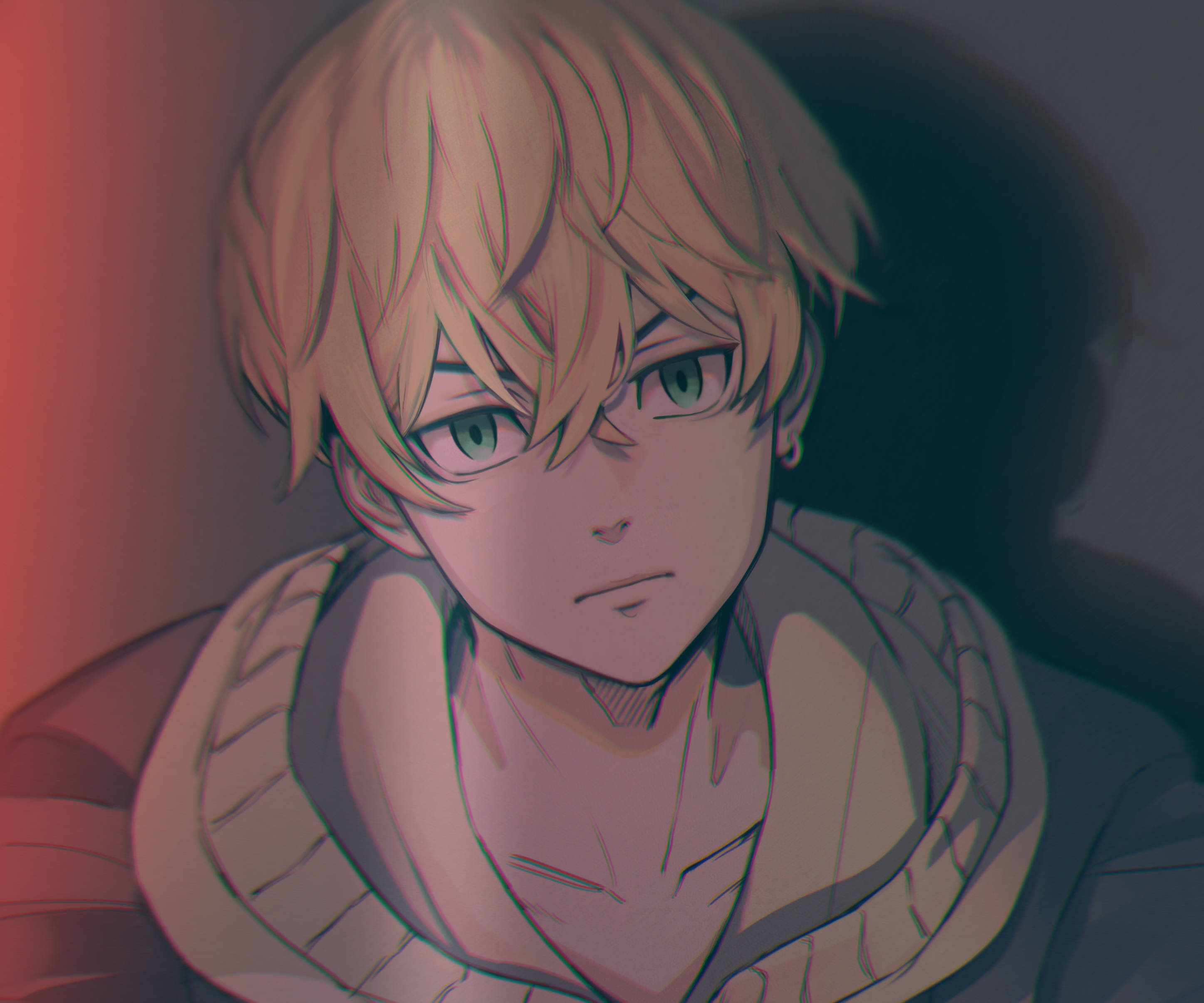 chifuyu matsuno 桌布 壁紙 — 一個金髮綠眼的年輕男子穿著連帽衫，在柔和紅藍燈光下的動漫特寫肖像。