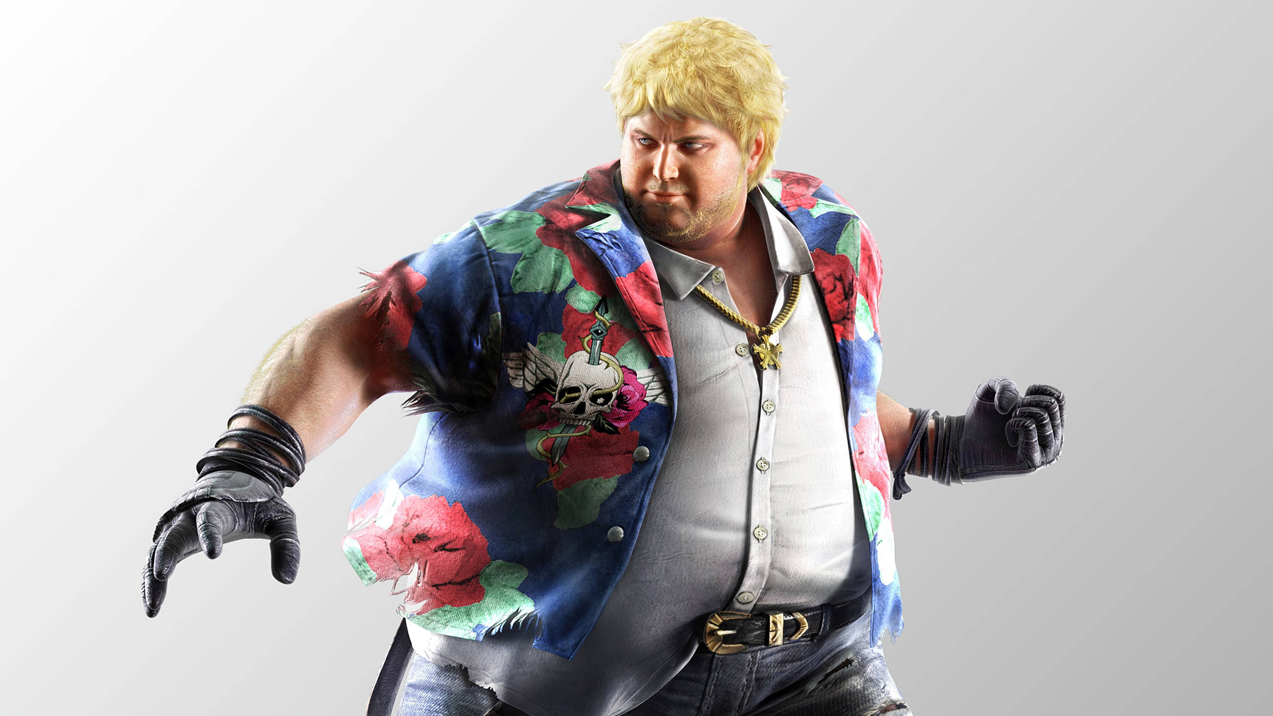 Tekken 桌布 壁紙 — 一個金髮肌肉男穿著花卉背心，內搭白襯衫和黑色手套，背景為純灰色。