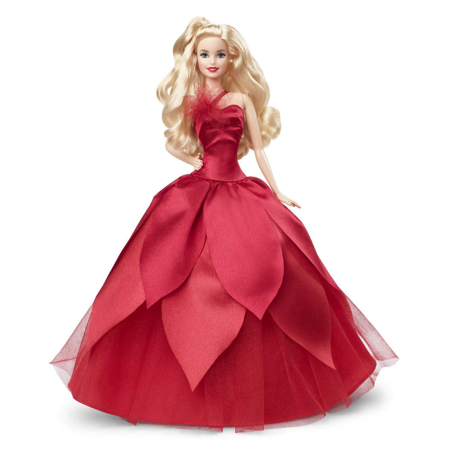 Doll 桌布 壁紙 — 一個金髮芭比娃娃穿著一件紅色大裙，帶有層疊緞面花瓣和薄紗裙，背景為白色。