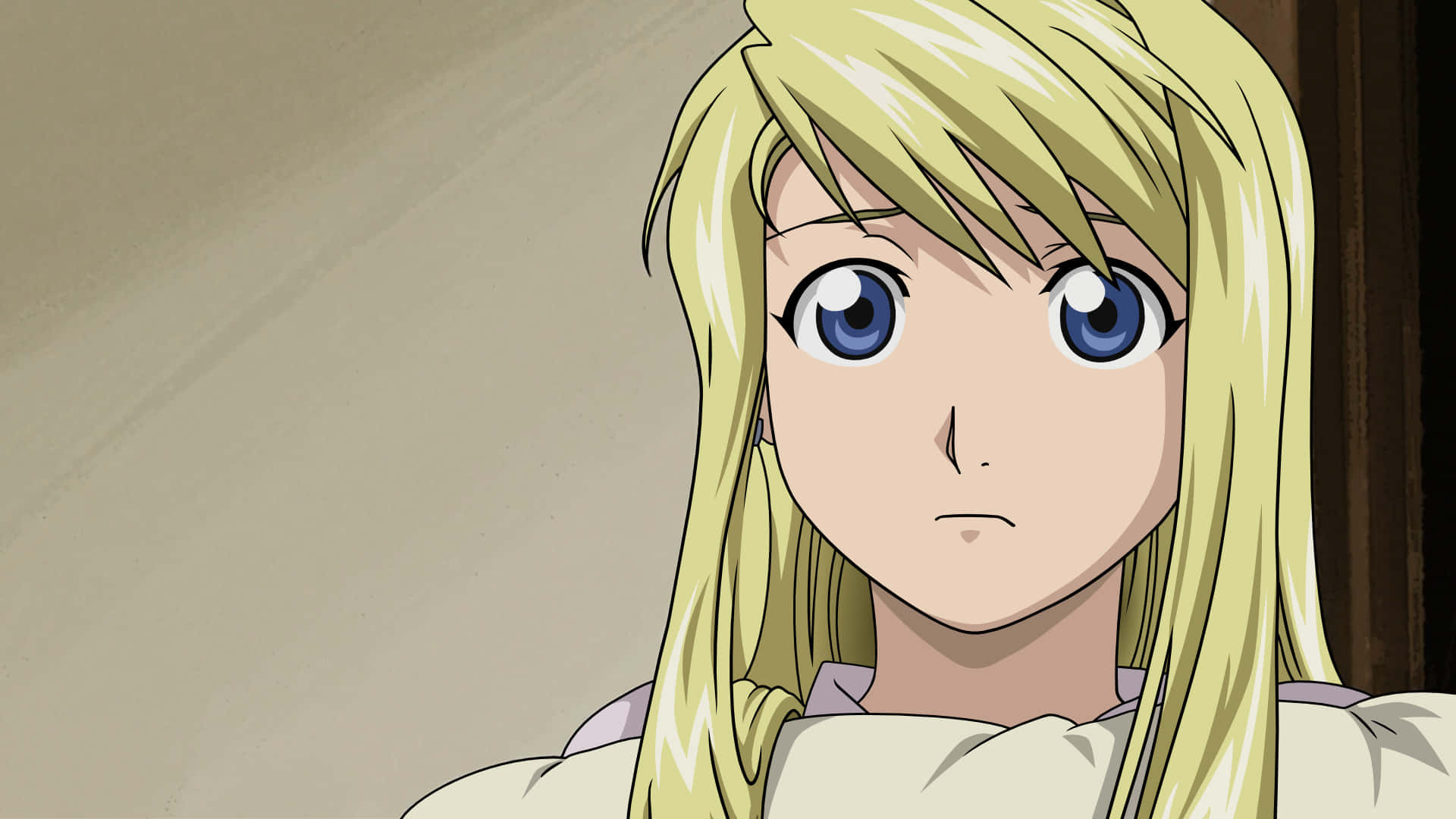 Winry Rockbell 桌布 壁紙 — 一個金髮藍眼動漫女孩的特寫，面無表情地向前看。