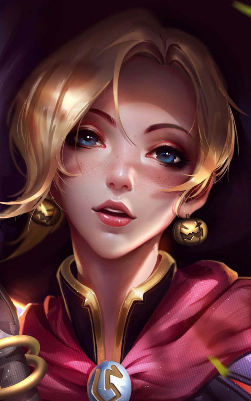 Mercy Overwatch 桌布 壁紙 — 一個金髮藍眼動漫少女的特寫肖像，戴著南瓜燈耳環和紅色連帽服裝。