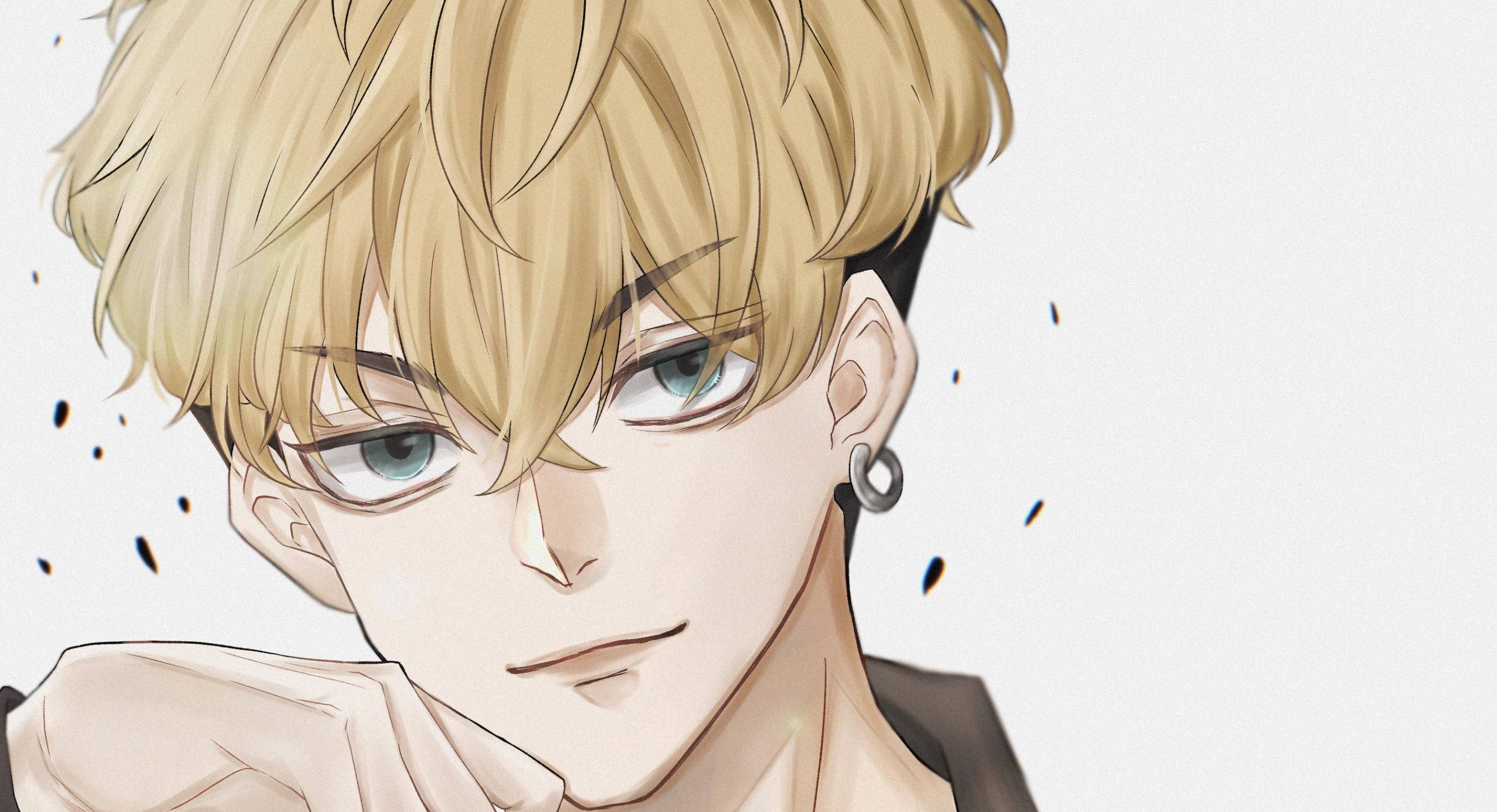 chifuyu matsuno 桌布 壁紙 — 一個金髮藍眼年輕男子的特寫動畫肖像，戴著銀色耳環，露出自信的笑容。