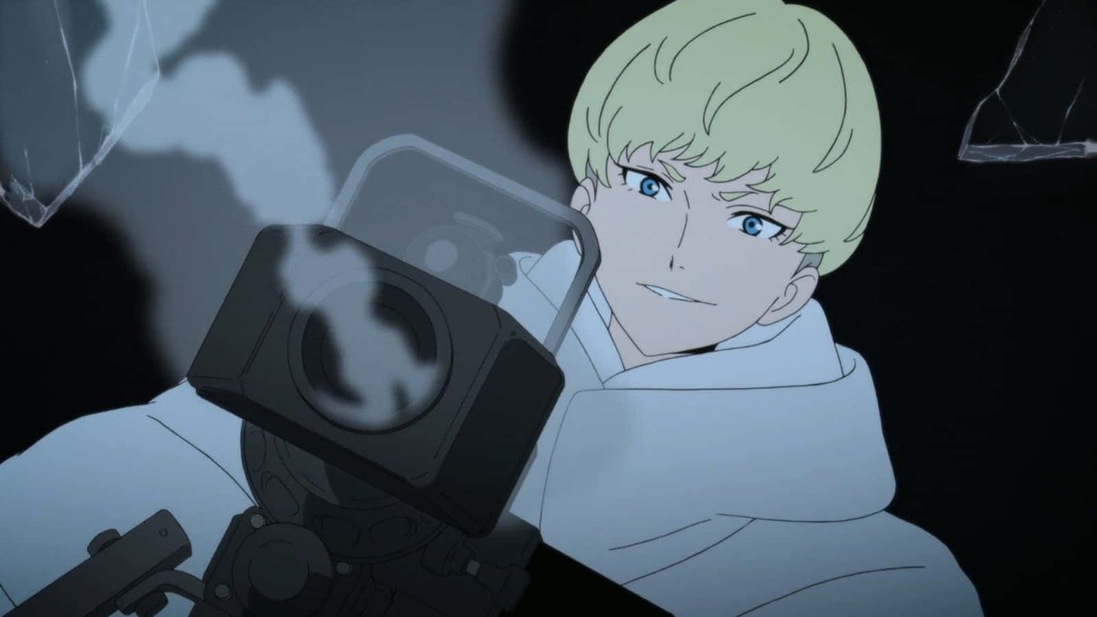 Devilman Crybaby 桌布 壁紙 — 一個金髮藍眼的動漫角色在黑暗的破碎玻璃環境中拿著相機。