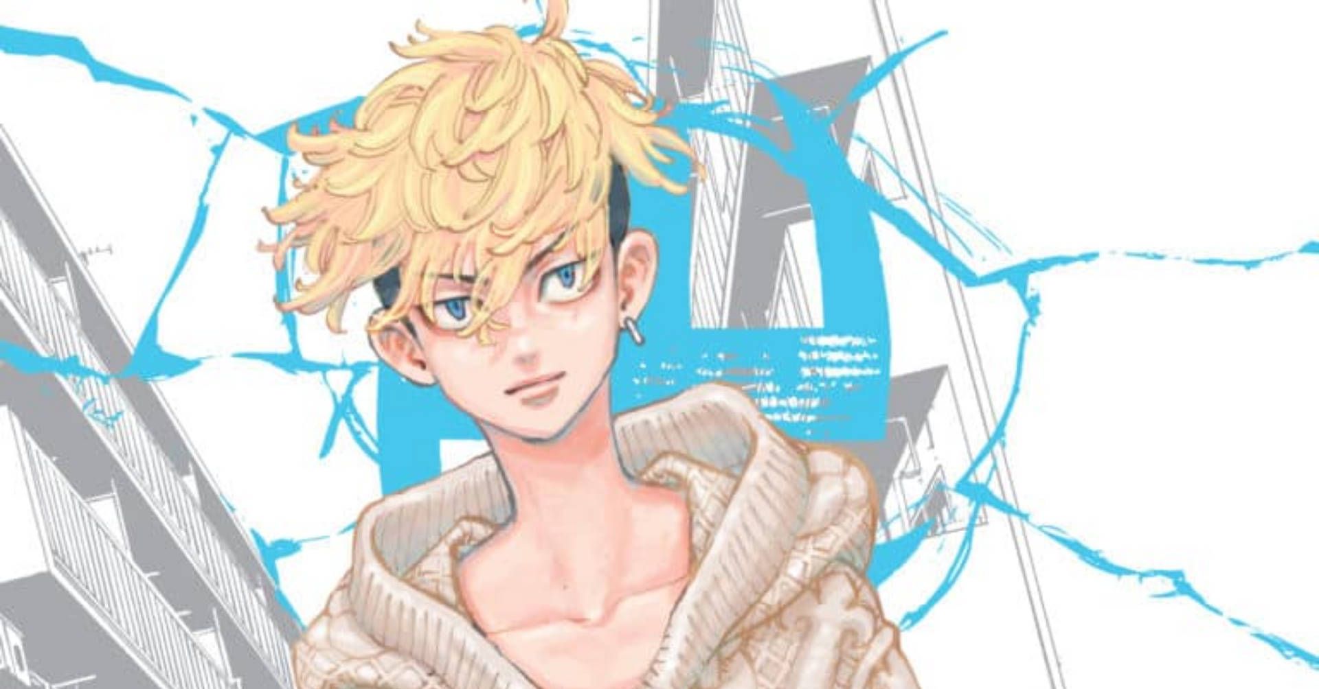 動漫男孩 桌布 壁紙 — 一個金髮藍眼的動漫角色穿著針織毛衣，站在帶有藍色能量裂縫的風格化城市背景前。