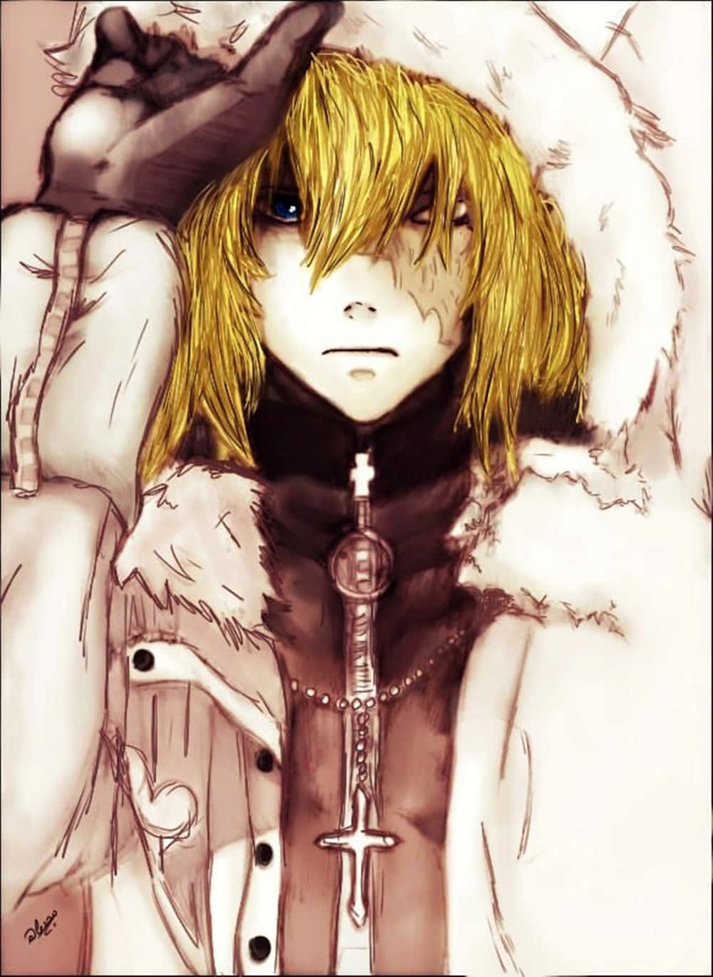 Death Note Mello 桌布 壁紙 — 一個金髮藍眼的憂鬱動漫男孩，穿著毛領外套和十字架吊墜，手托著頭。