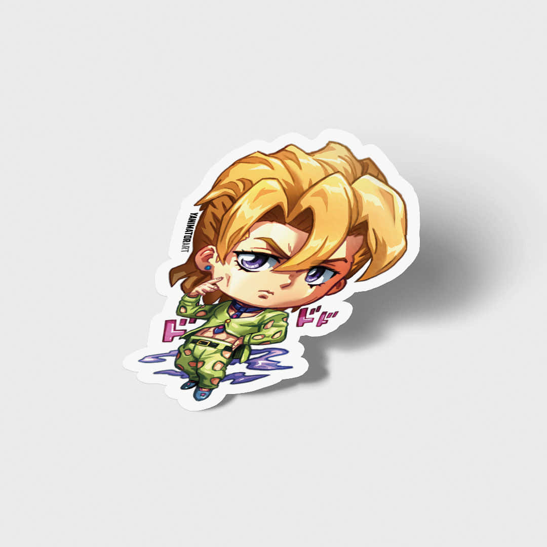 Pannacotta Fugo 桌布 壁紙 — 一個金髮角色穿著綠色服裝、紫色眼睛、手指放在嘴唇姿勢的Q版動漫貼紙。