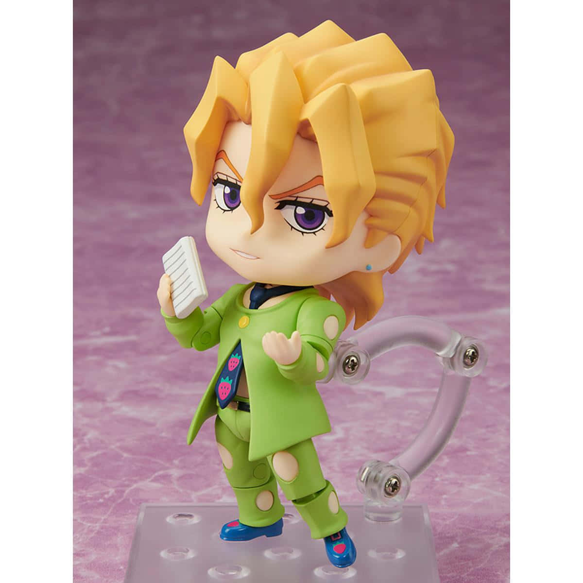 Pannacotta Fugo 桌布 壁紙 — 一個金髮豎立、紫色眼睛的Q版動漫人物，在柔和的紫色大理石紋背景前拿著一本白書。