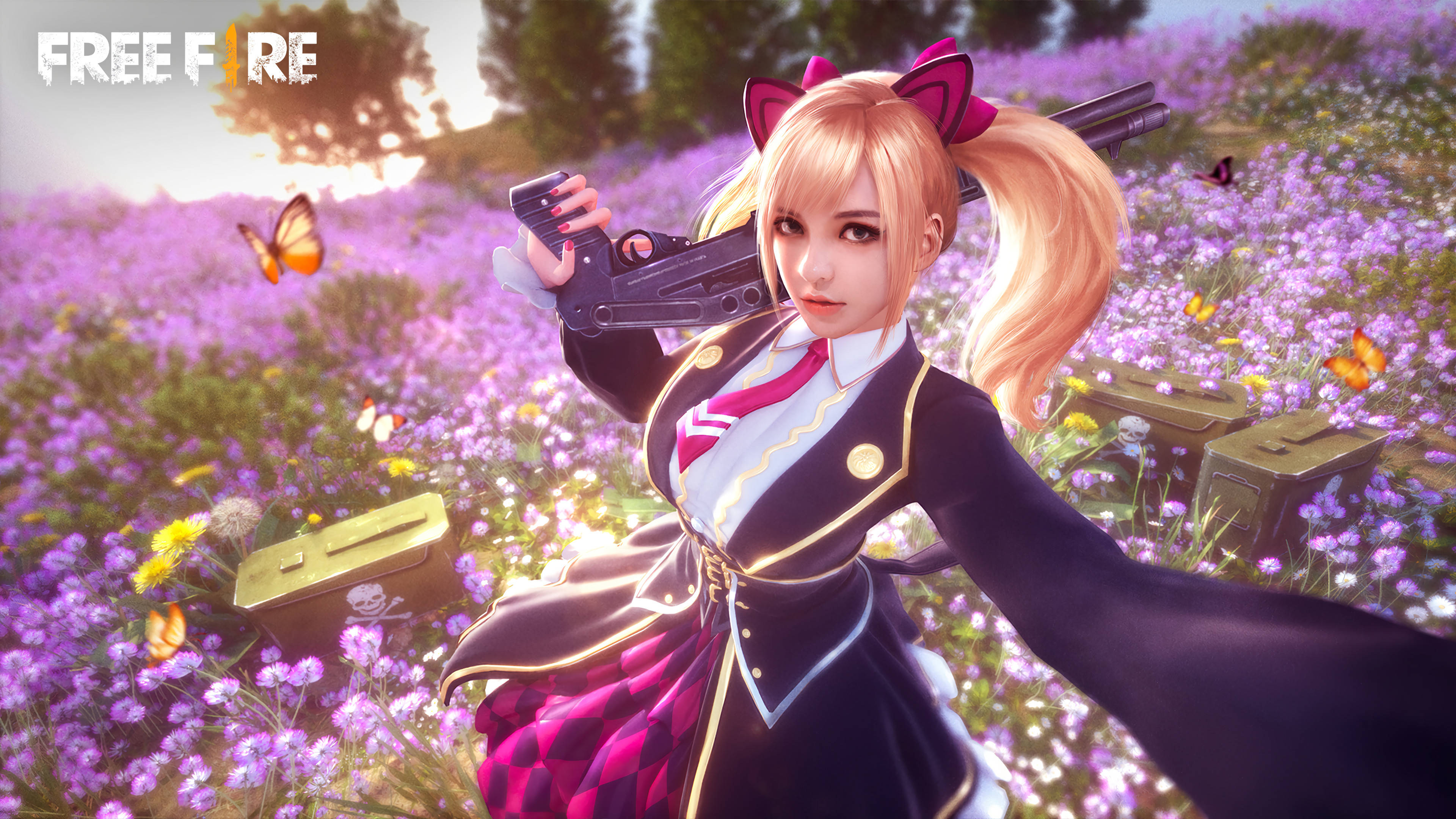 free fire bundle 桌布 壁紙 — 一個金髮貓耳動漫女孩在紫花田中持槍，蝴蝶在周圍飛舞。