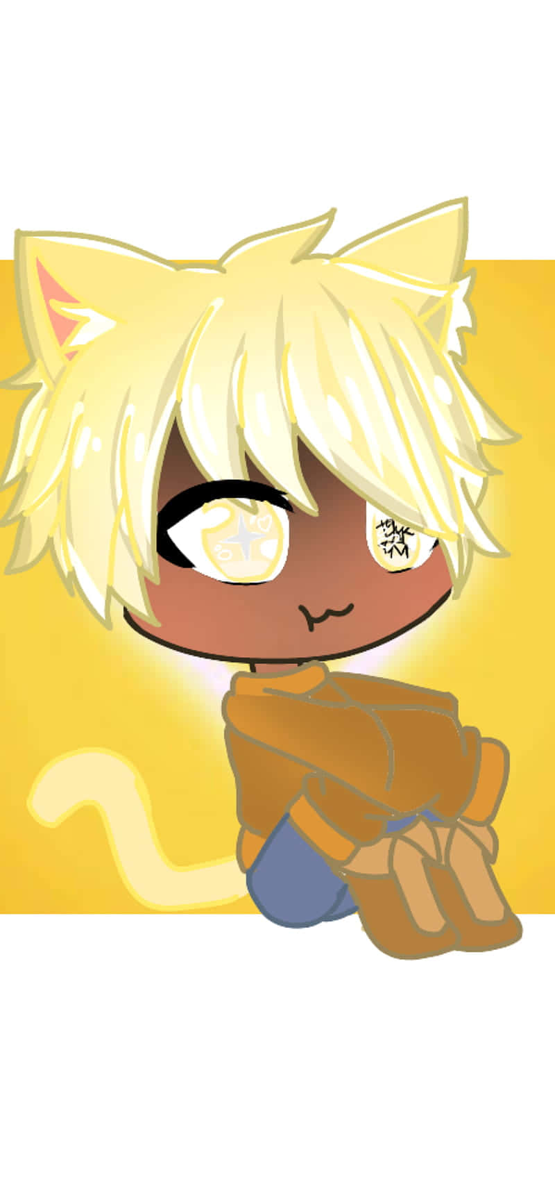 Cute Gacha Life Boy 桌布 壁紙 — 一個金髮貓耳和尾巴的Q版動漫角色，坐在溫暖的黃色背景前。