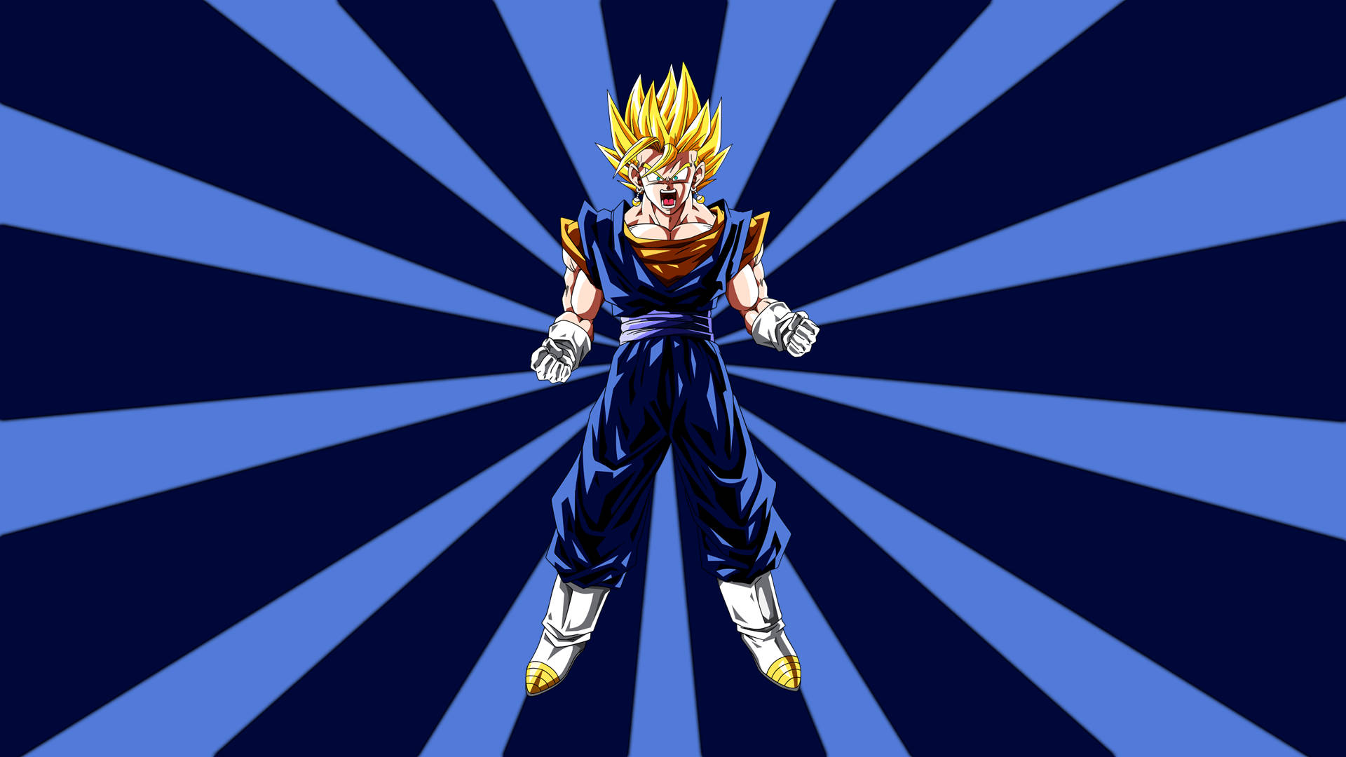 Vegito 桌布 壁紙 — 一個金髮超級賽亞人角色穿著藍白色道服，在藍色放射背景前動態地站立。