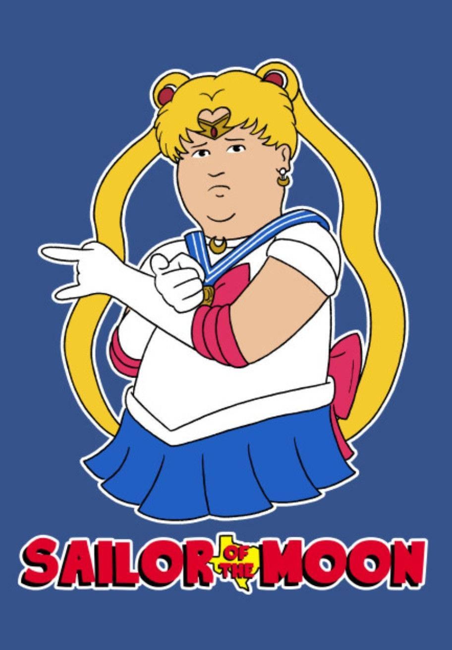Bobby Hill 桌布 壁紙 — 一個金髮辮子、穿著水手服的卡通角色在藍色背景前自信地擺姿勢。