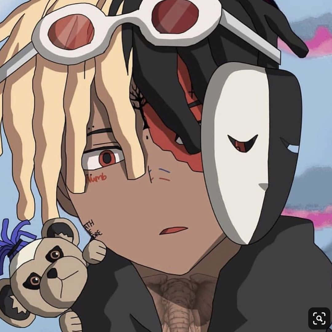 Cute Pfp 桌布 壁紙 — 一個金髮辮子、紅眼睛的動漫角色，戴著護目鏡和口罩，抱著一隻泰迪熊，背景是柔和天空。