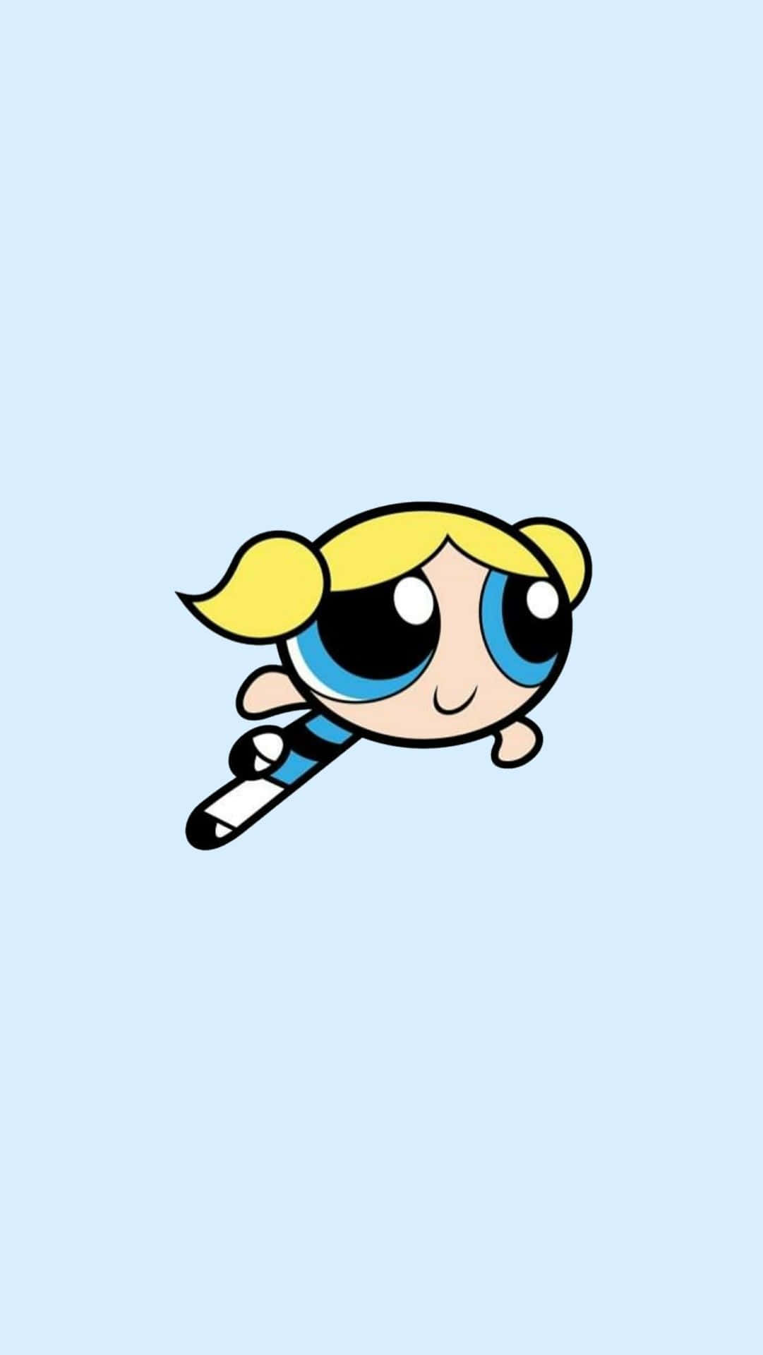 Powerpuff Girls Aesthetic 桌布 壁紙 — 一個金髮辮子和藍眼睛的卡通角色在淺藍色背景上飛翔。