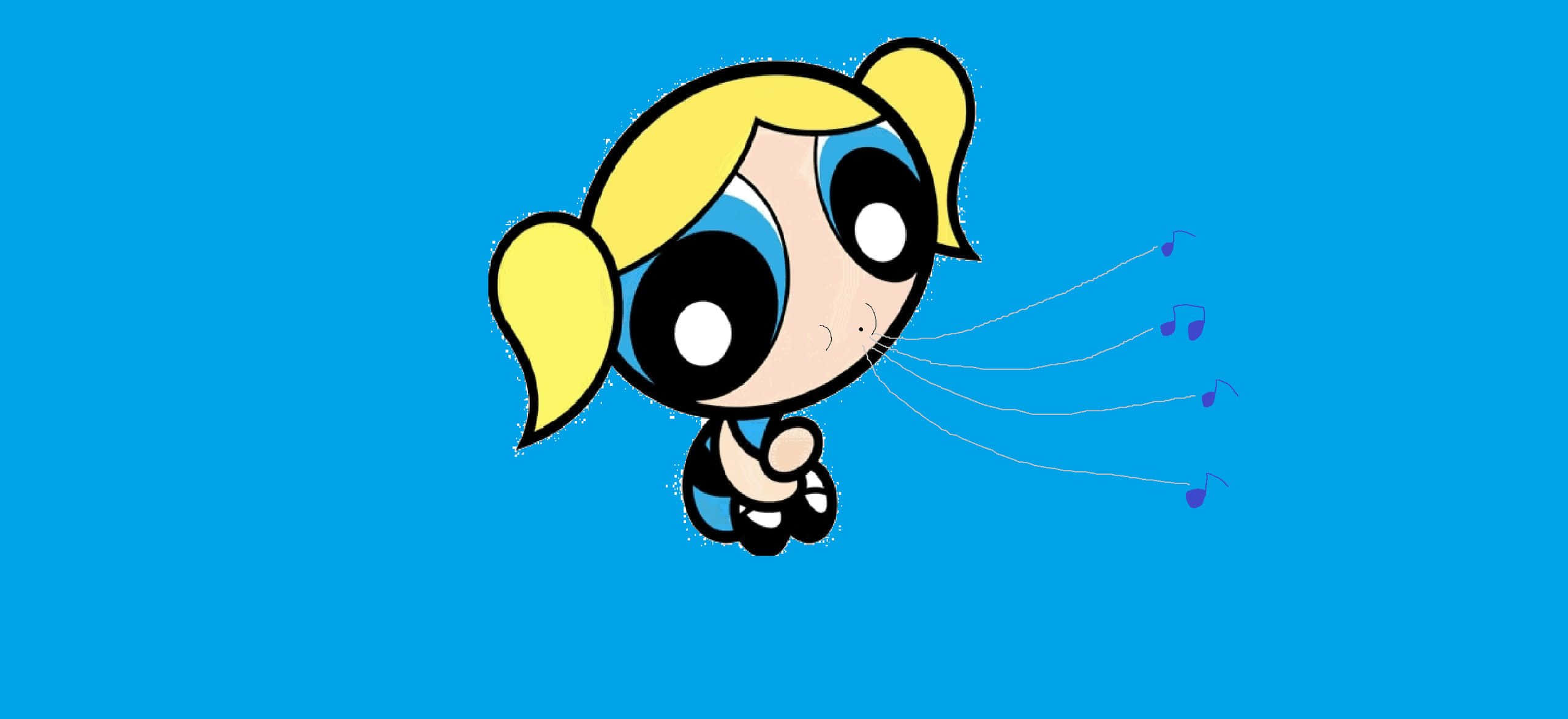 Powerpuff Girls Aesthetic 桌布 壁紙 — 一個金髮辮子大眼卡通女孩在純藍色背景上吹出紫色音符。