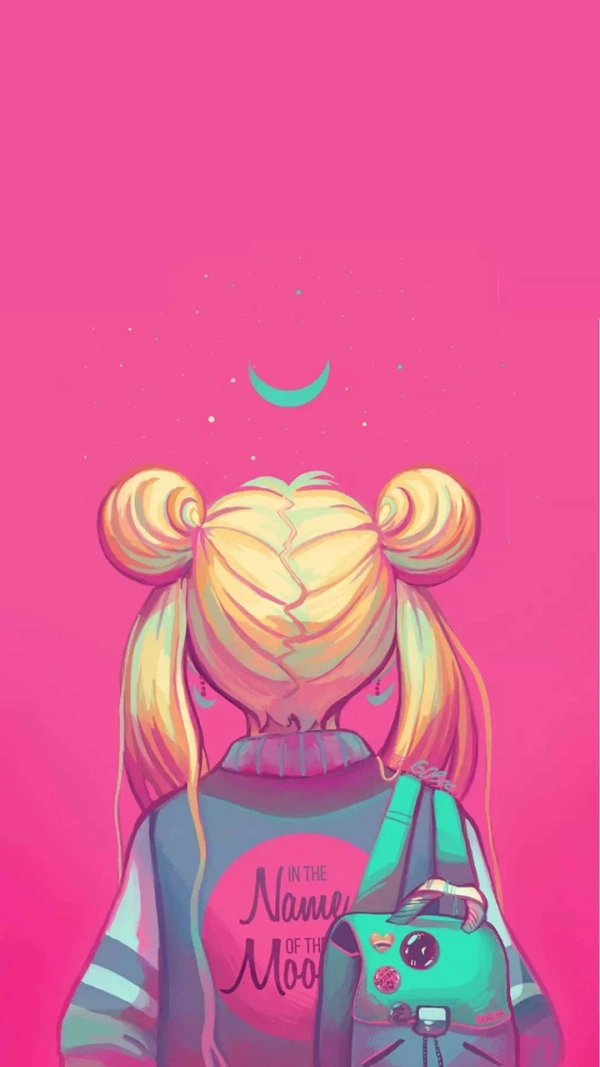 Aesthetic Sailor Moon 桌布 壁紙 — 一個金髮辮子女孩，連帽衫上有月亮圖案，站在鮮豔的粉紅色背景前，上方有一彎新月。