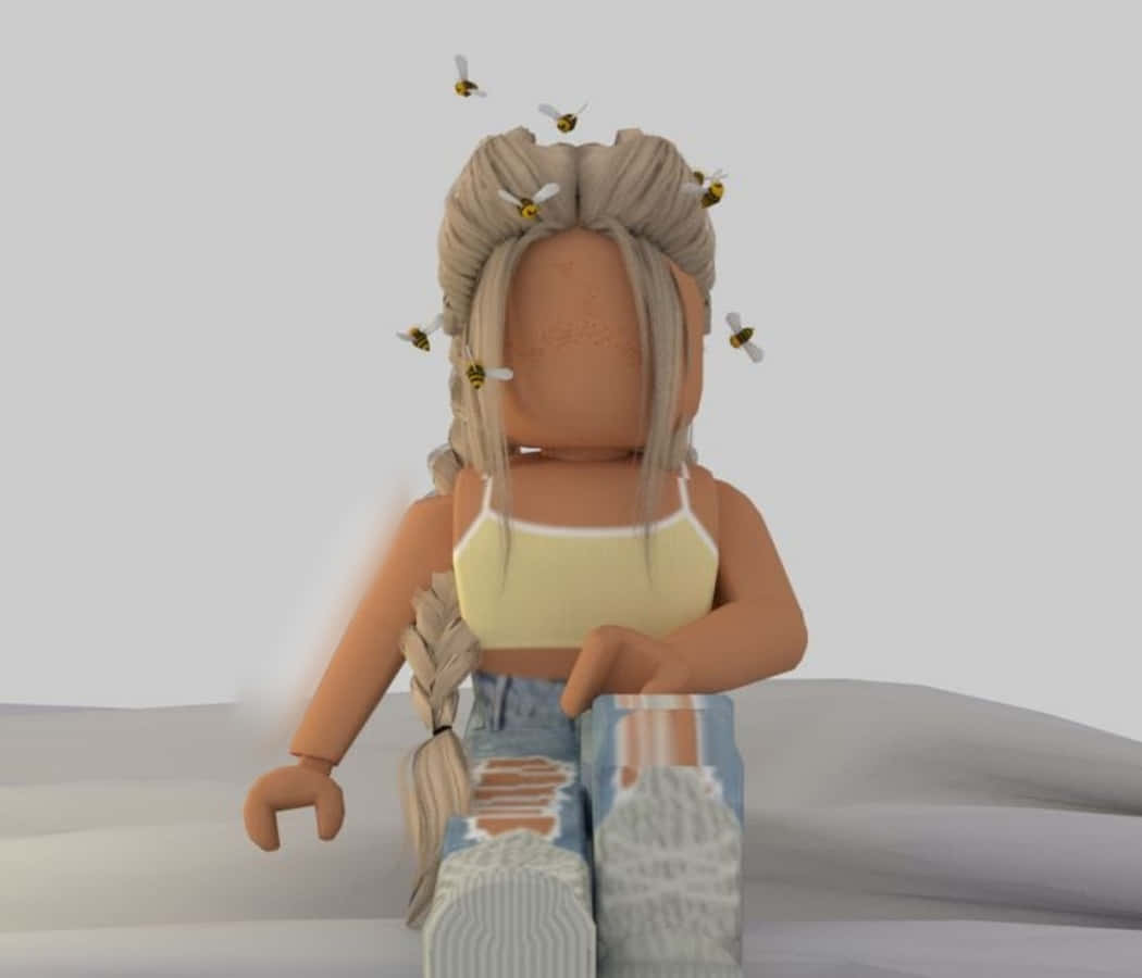 美學 Roblox 女孩 桌布 壁紙 — 一個金髮辮子的 Roblox 角色平靜地坐著，蜜蜂在她頭周圍飛舞，背景是純色。