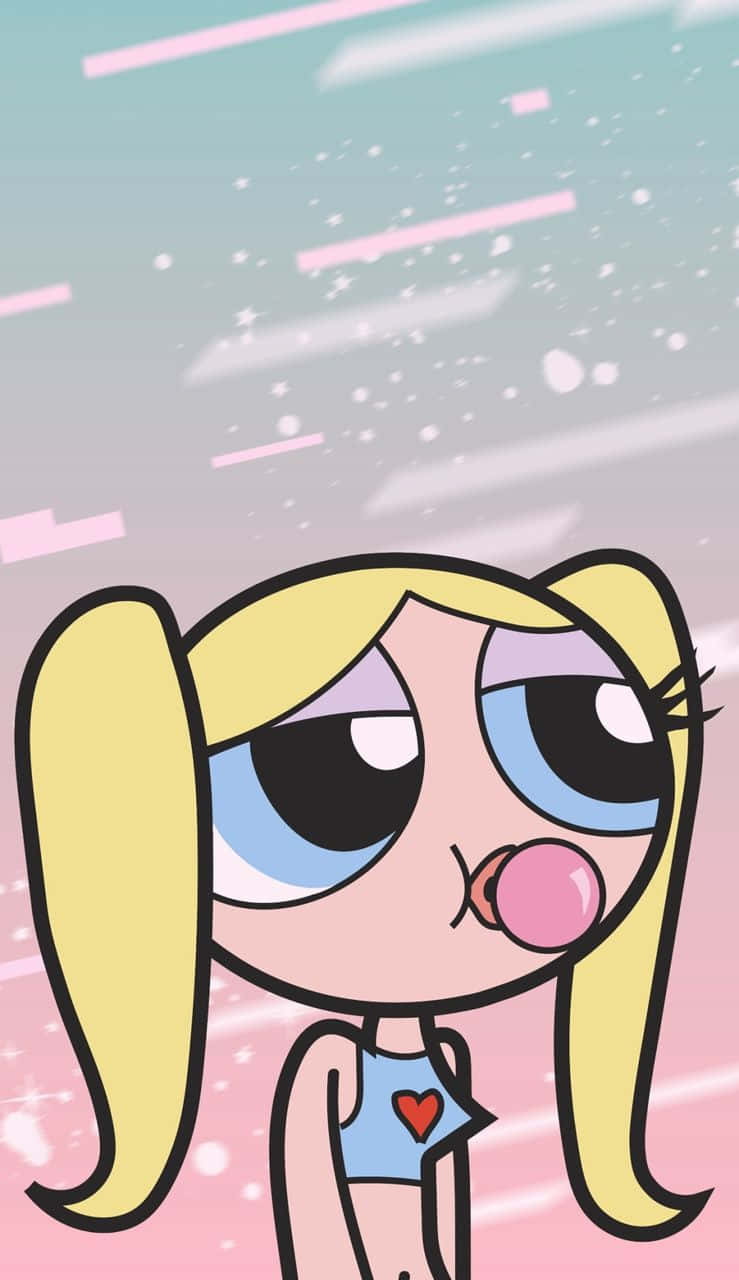Powerpuff Girls 桌布 壁紙 — 一個金髮辮子的卡通女孩在帶有條紋和閃光的粉彩天空下吹出粉紅色泡泡糖泡泡。
