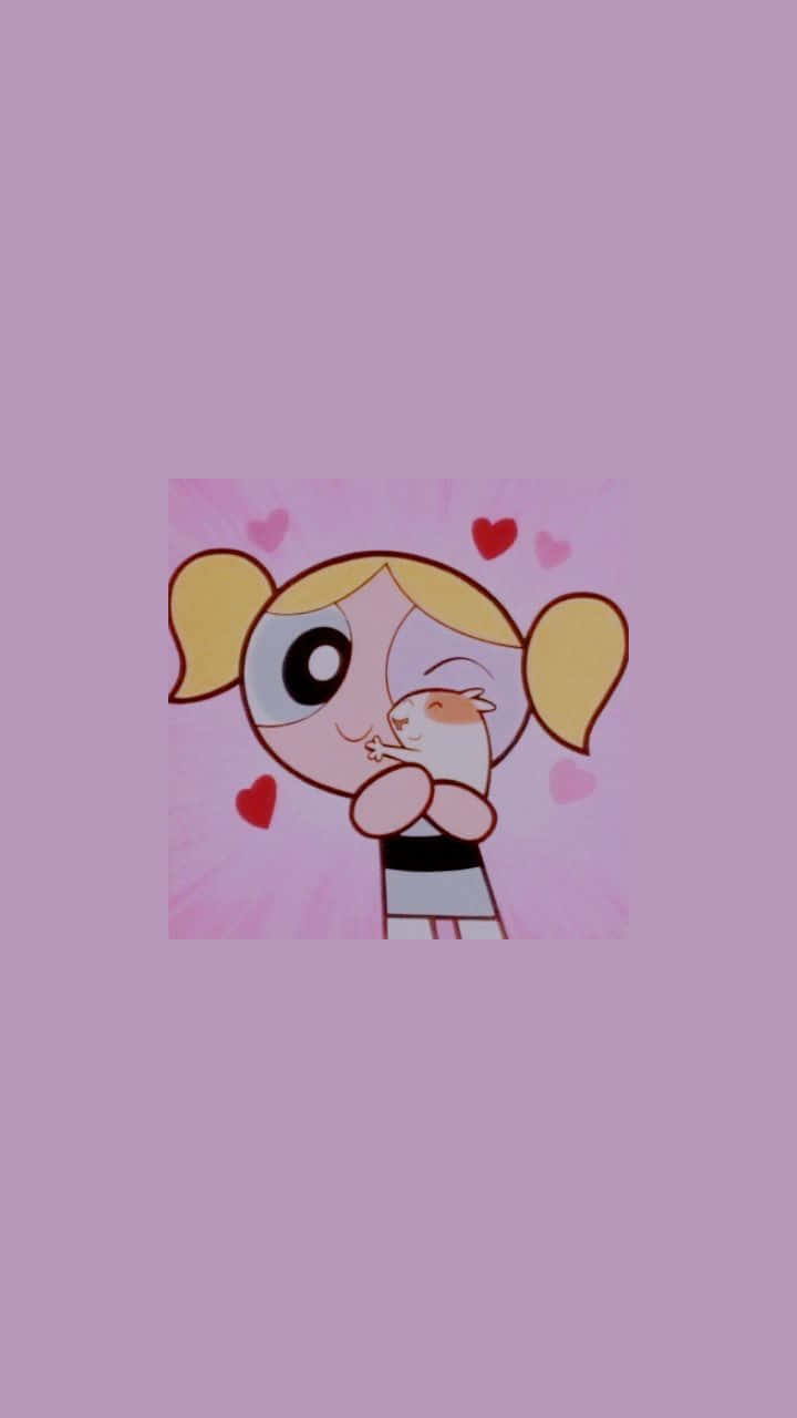 Powerpuff Girls Aesthetic 桌布 壁紙 — 一個金髮辮子的卡通女孩在粉紅色背景上親吻一隻被漂浮心形包圍的小白貓。