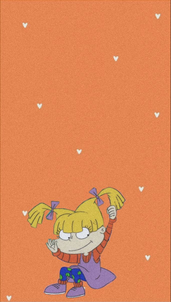 angelica pickles 桌布 壁紙 — 一個金髮辮子的卡通女孩坐在一個點綴著白色心形的橙色背景上。