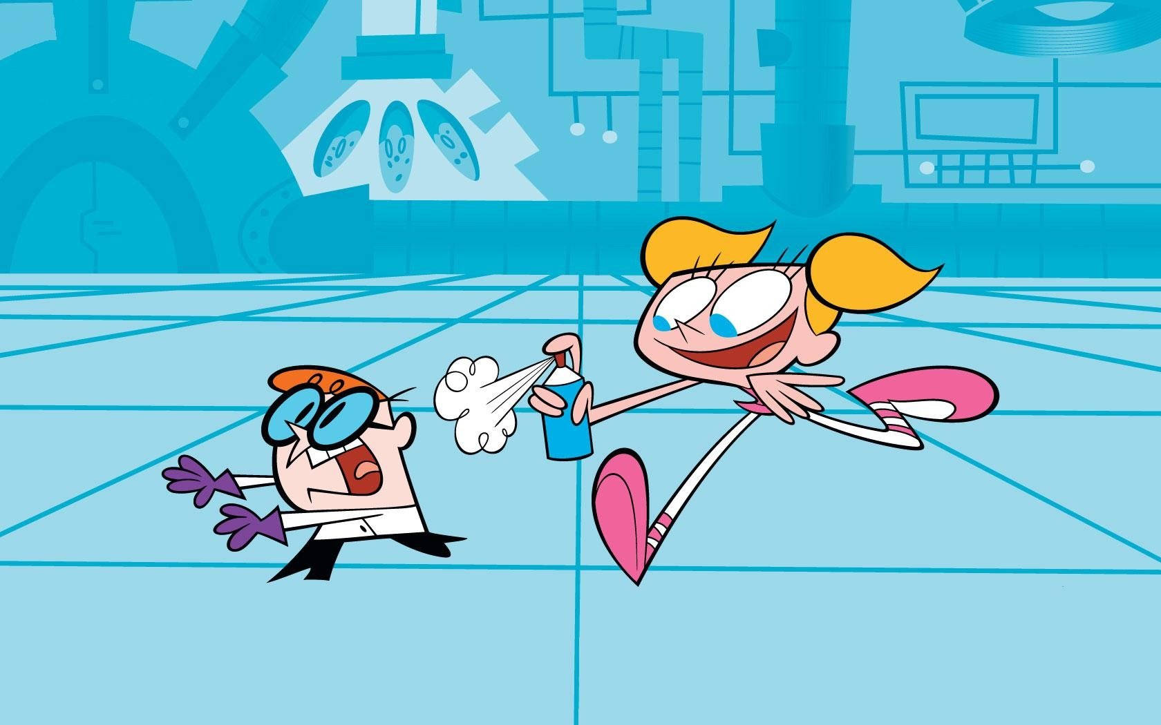 Cartoon Network Characters 桌布 壁紙 — 一個金髮辮子的卡通女孩用罐子噴向一個穿著實驗室外套的男孩，他驚訝地反應。
