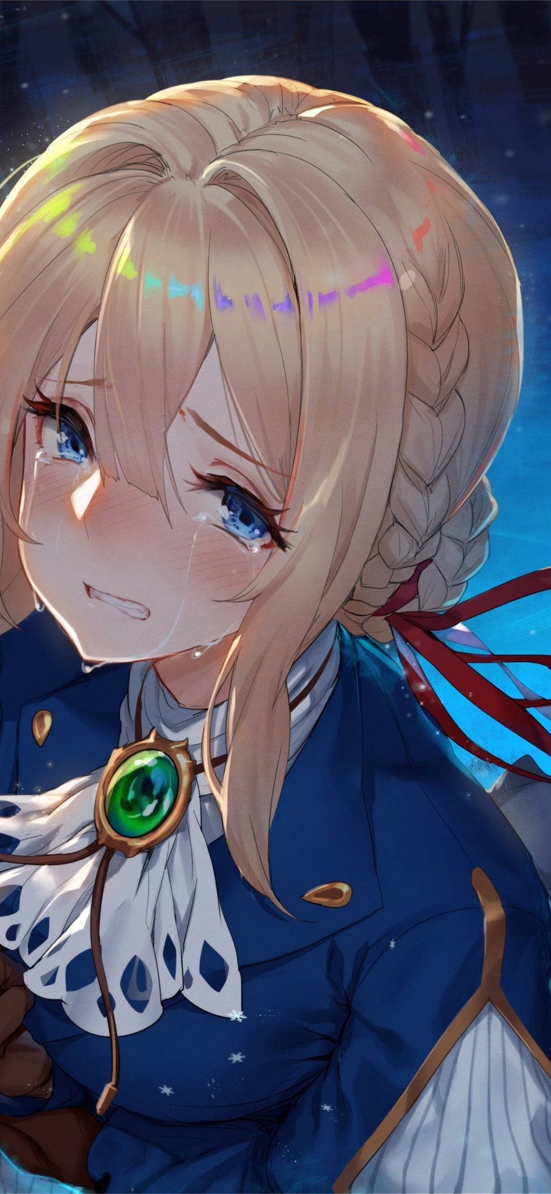 動漫 桌布 壁紙 — 一個金髮辮子藍眼睛的動漫女孩特寫，在星空夜空下溫柔微笑。