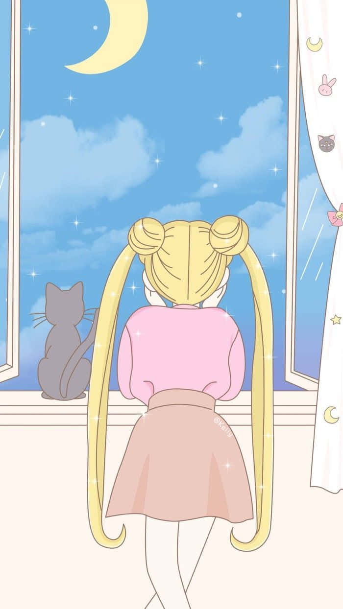 美少女戰士 桌布 壁紙 — 一個金髮雙丸子頭的動漫女孩，透過窗戶凝視著星空，夜空中有彎月和旁邊的一隻灰貓。