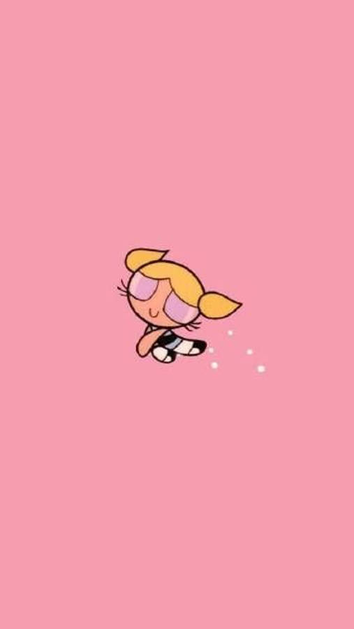 Powerpuff Girls 桌布 壁紙 — 一個金髮雙辮、戴粉紅色眼鏡的卡通女孩，在純粉紅色背景上輕輕漂浮。