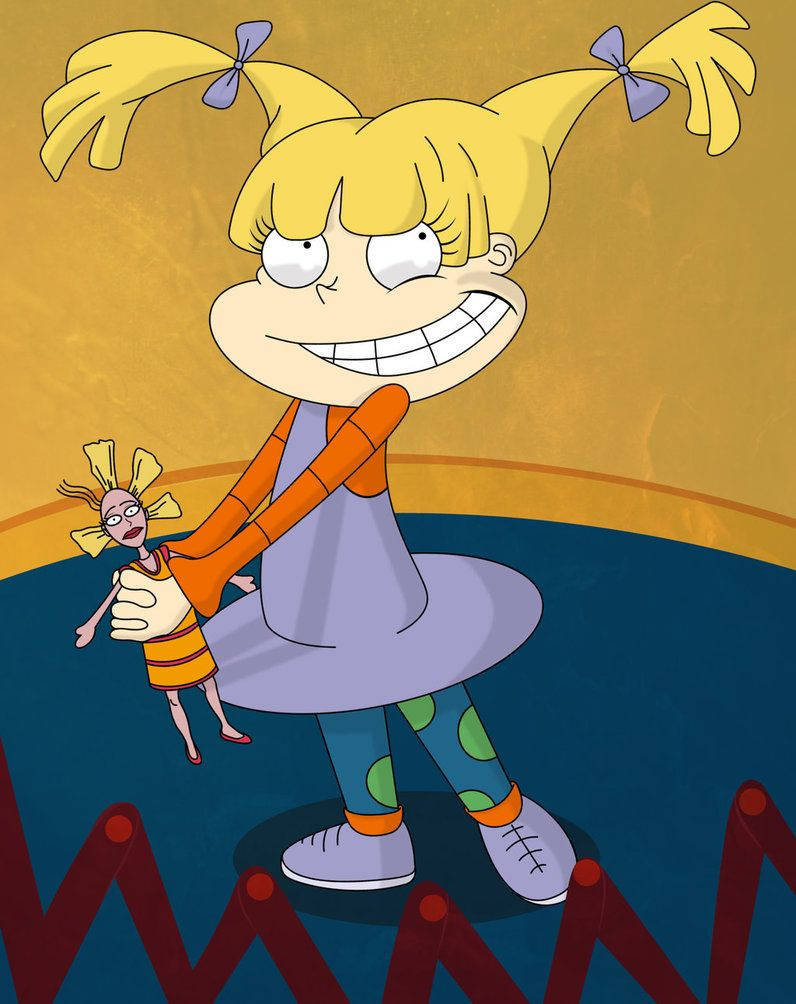 angelica pickles 桌布 壁紙 — 一個金髮雙馬尾、咧嘴大笑的卡通女孩，站在有紅色鋸齒形障礙物的藍色地板上，手裡拿著一個小娃娃。