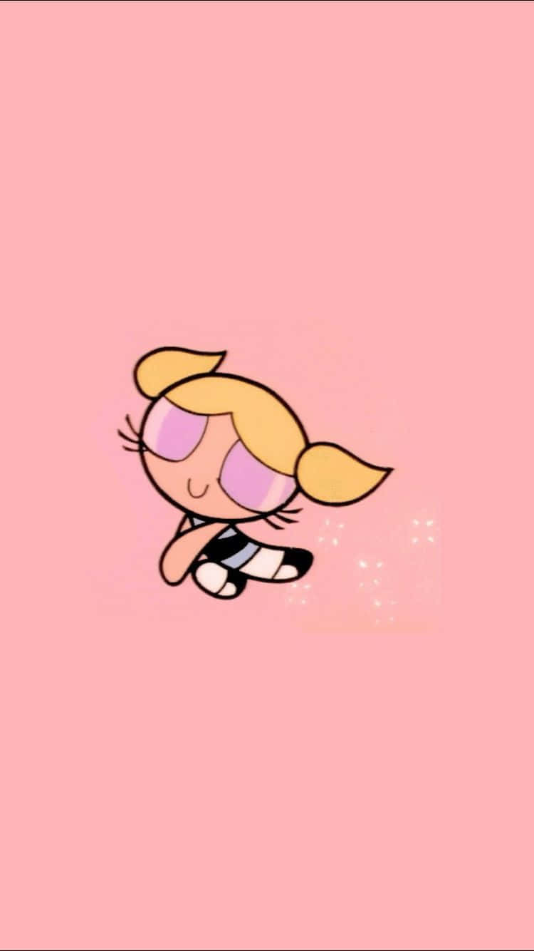 Cartoon Aesthetic iPhone 桌布 壁紙 — 一個金髮雙馬尾、粉紅色眼睛的卡通女孩，在帶有閃爍效果的柔和粉紅色背景上輕輕漂浮。