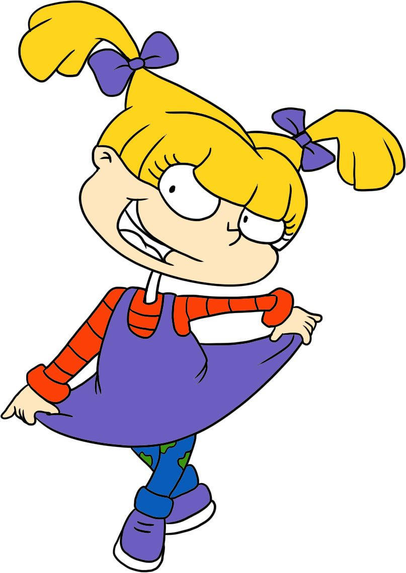 angelica pickles 桌布 壁紙 — 一個金髮雙馬尾、繫著紫色蝴蝶結的卡通女孩，穿著吊帶褲和條紋襯衫，擺出俏皮的姿勢。