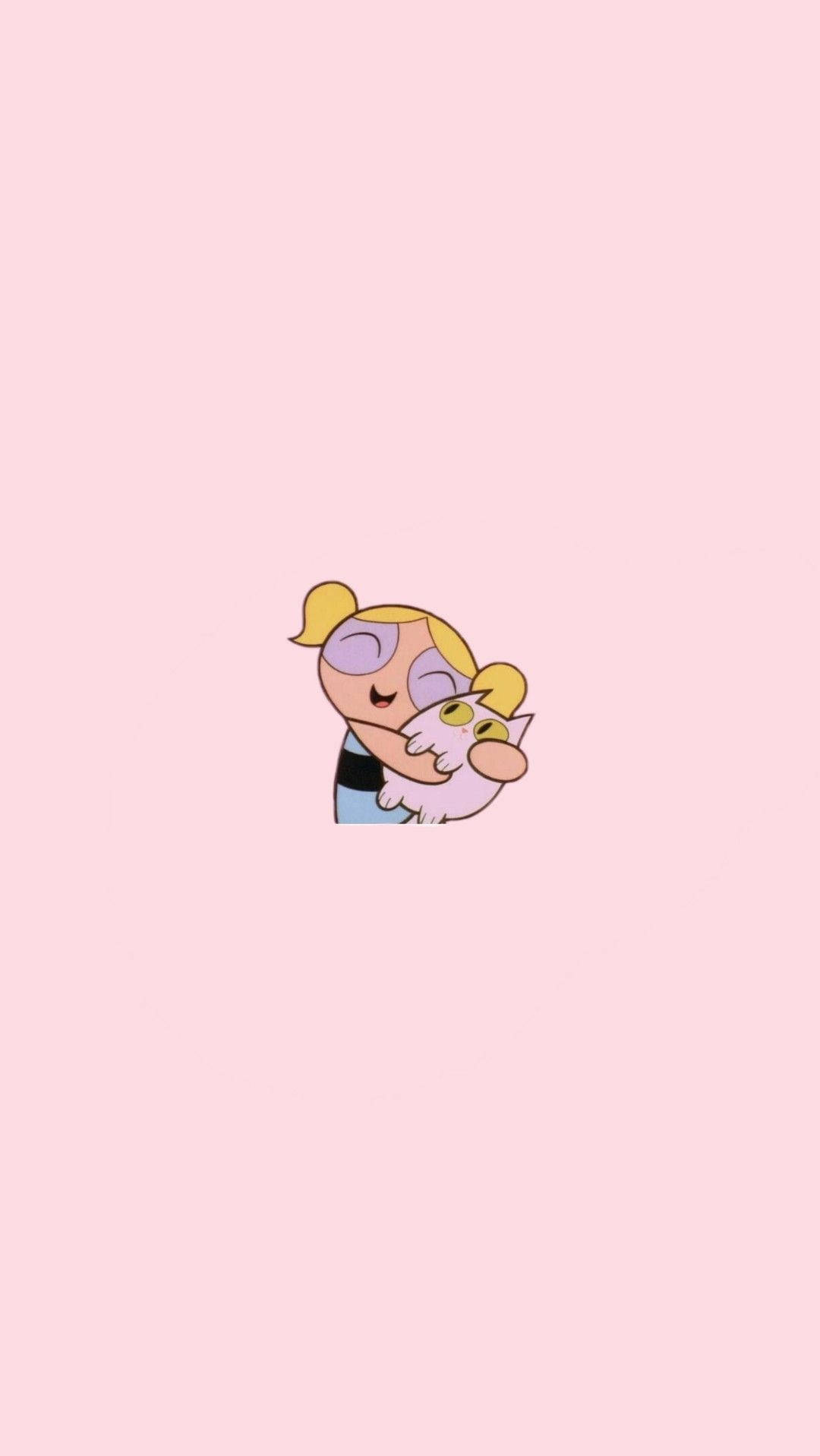 girls 桌布 壁紙 — 一個金髮雙馬尾的卡通女孩在柔和的粉紅色背景前擁抱一隻白貓。