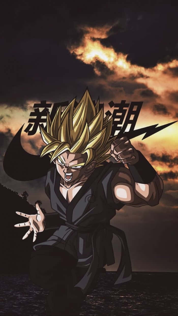 Dragon Ball Z Phone 桌布 壁紙 — 一個金髮黑道服的兇猛動漫戰士，在火紅的夕陽天空下咆哮，配以粗體日文字和閃電。