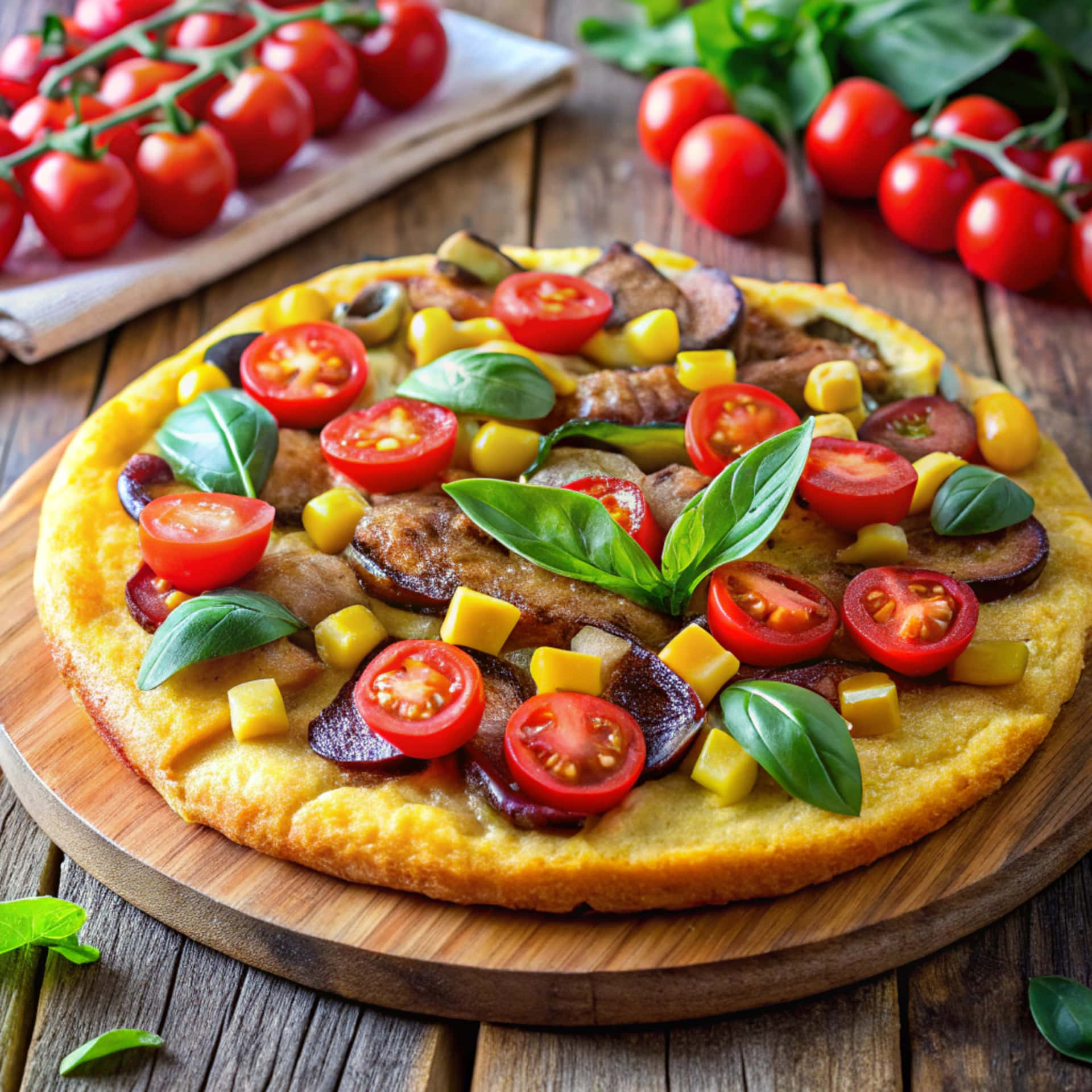 Polenta with vegetables 壁紙 — 一個金黃色的披薩，上面放著半個櫻桃番茄、羅勒葉、玉米和烤茄子，放在木板上，周圍是新鮮食材。