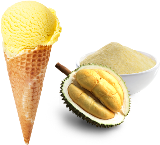 Durian 桌布 壁紙 — 一個金黃色的榴槤切開，旁邊放著一碗果肉和一個黃色冰淇淋甜筒。