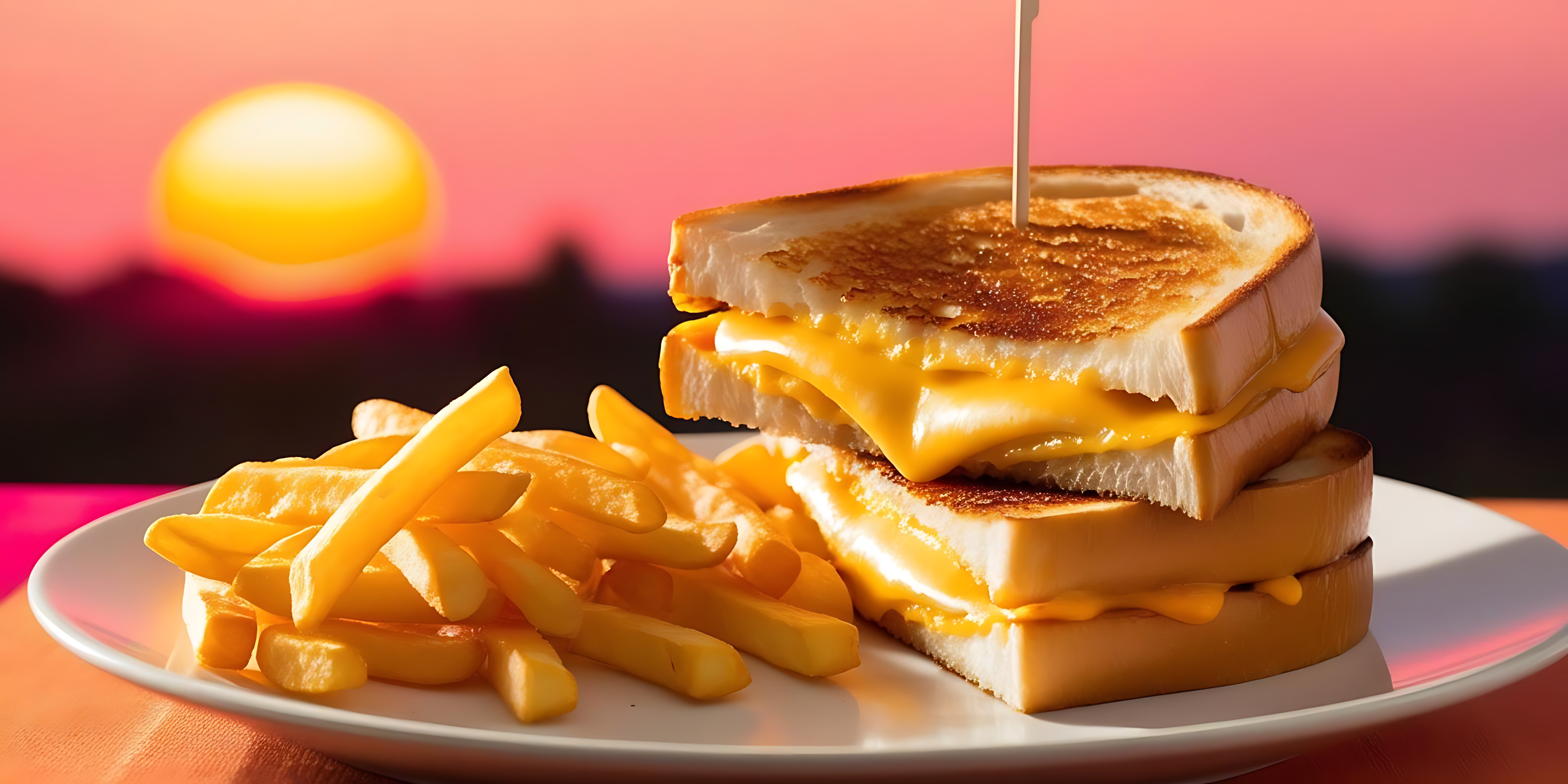 Fries 桌布 壁紙 — 一個金黃色的烤起司三明治，搭配融化的起司和香脆薯條，放在盤子上，背景是充滿活力的日落。