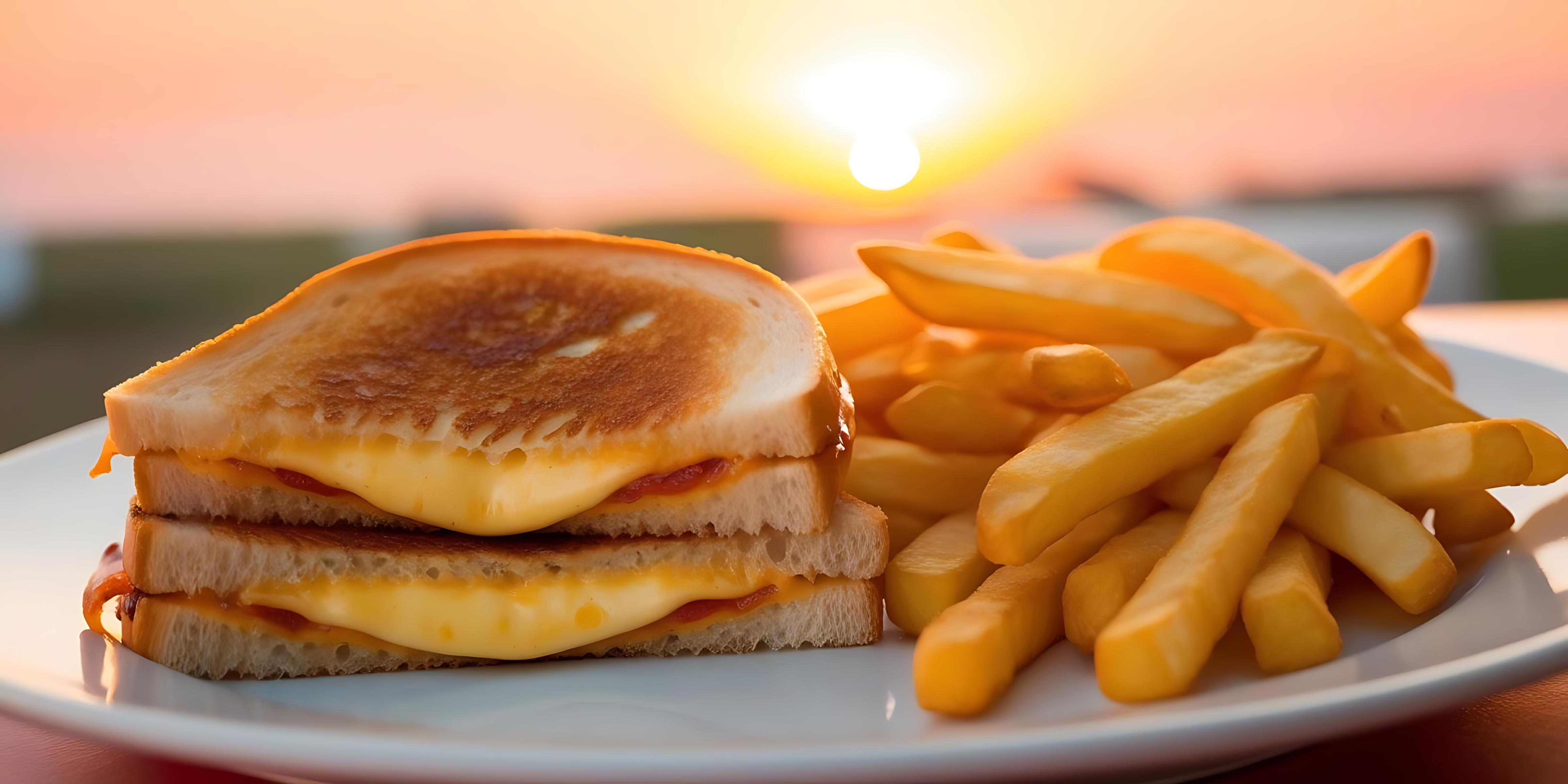 Fries 桌布 壁紙 — 一個金黃色的烤起司三明治，配上融化的起司和酥脆的薯條，放在白色盤子上，背景是溫暖的日落天空。