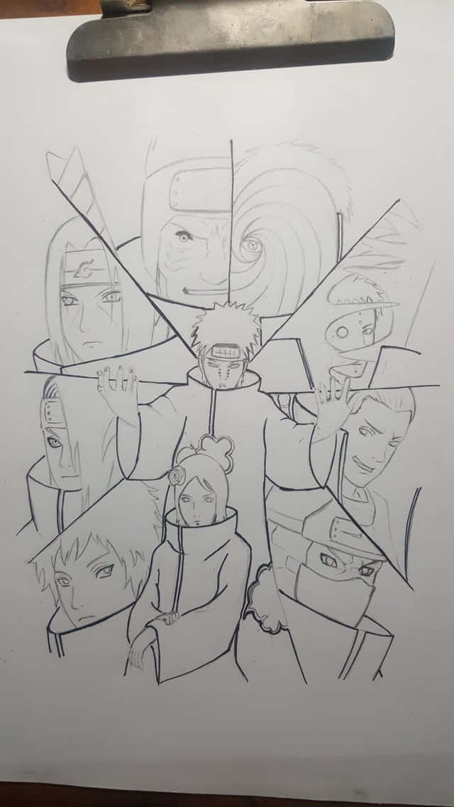 Akatsuki Drawing 桌布 壁紙 — 一個鉛筆素描，描繪多個動漫角色以碎片化、有角度的構圖排列在剪貼板上。