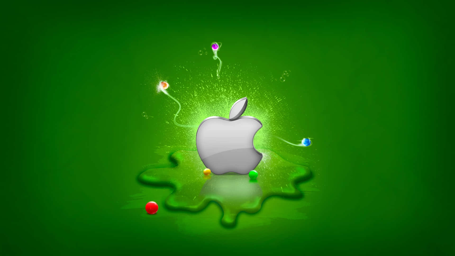 Amazing 桌布 壁紙 — 一個銀色Apple標誌在充滿活力的綠色背景上，散發著彩色粒子和液體綠色飛濺的光芒。