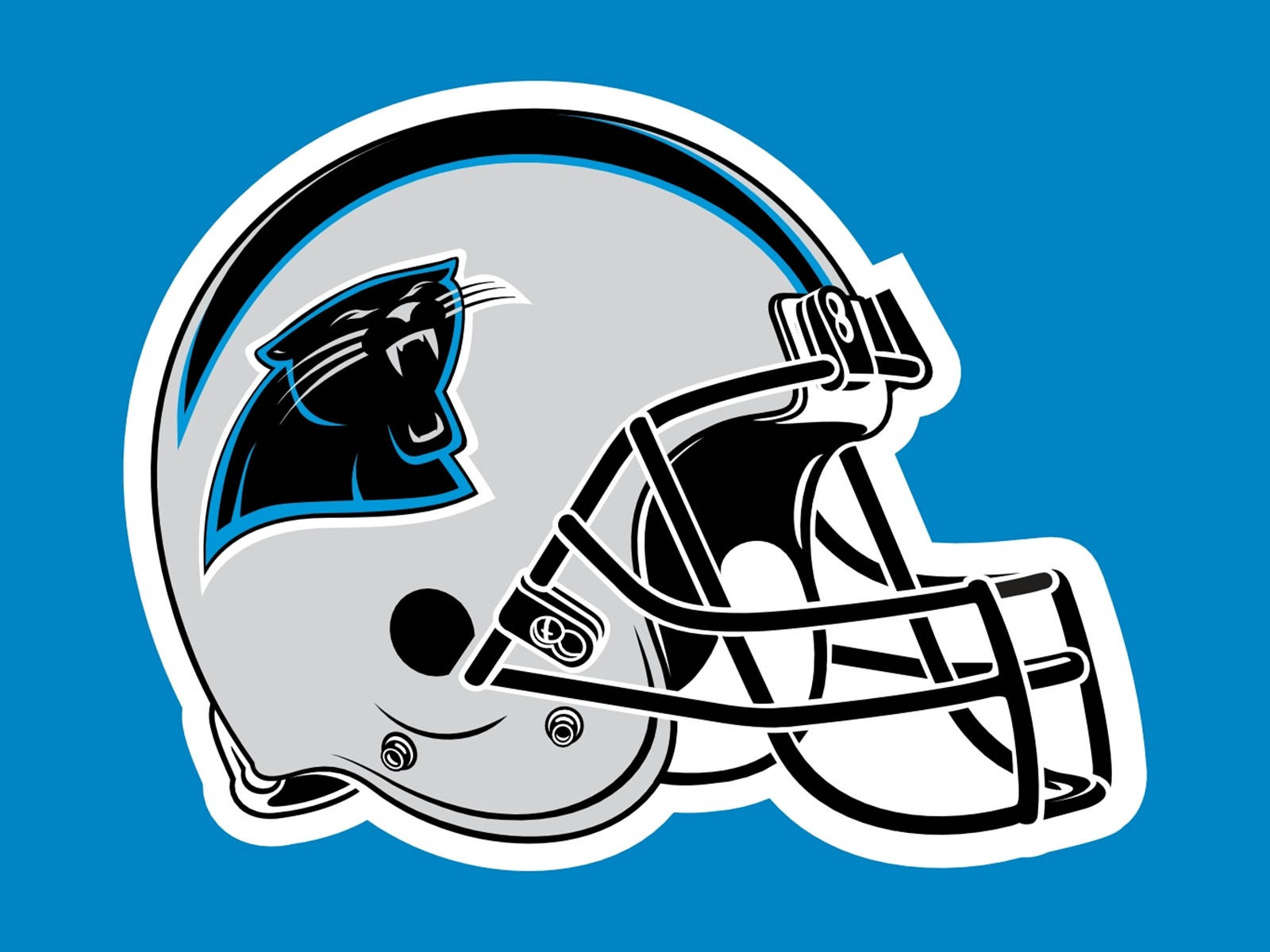 Panthers 桌布 壁紙 — 一個銀色卡羅萊納黑豹隊美式足球頭盔，在純藍色背景上有一個咆哮的黑色黑豹標誌。