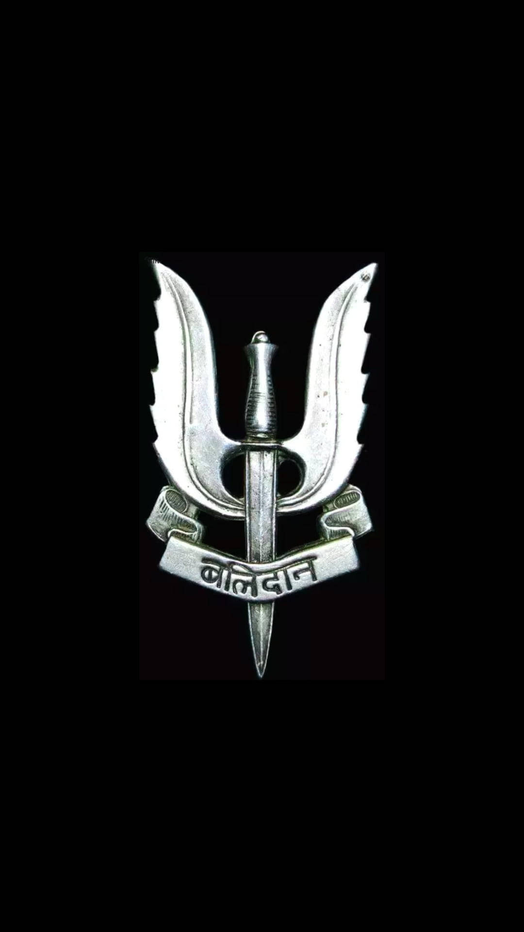 銀色印度陸軍傘兵特種部隊徽章，劍和翅膀在黑色背景上。 — 印度軍隊 壁紙