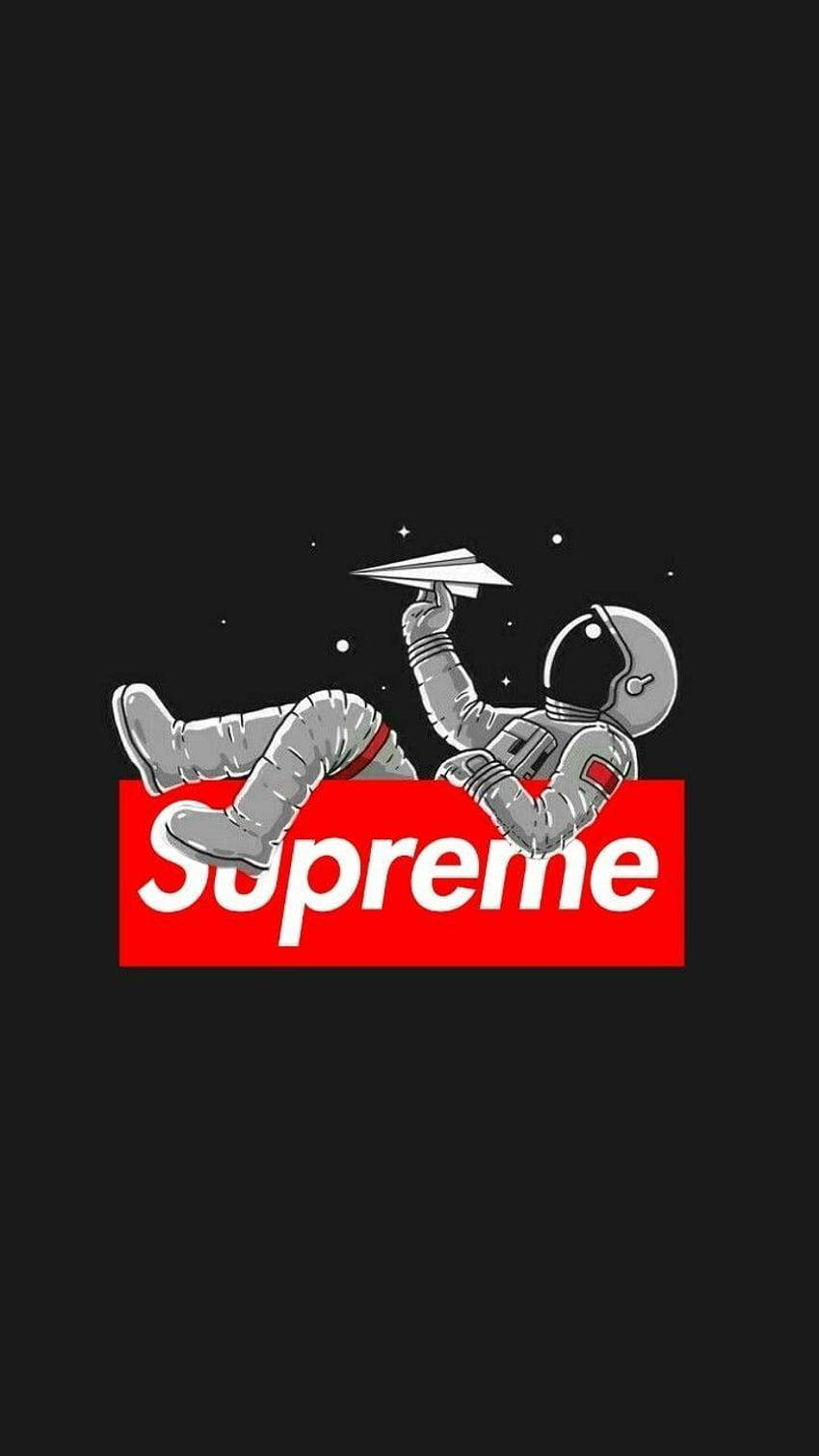supreme aesthetic 桌布 壁紙 — 一個銀色太空人在紅色Supreme盒子上休息，拿著紙飛機，背景是滿天星斗的黑色。