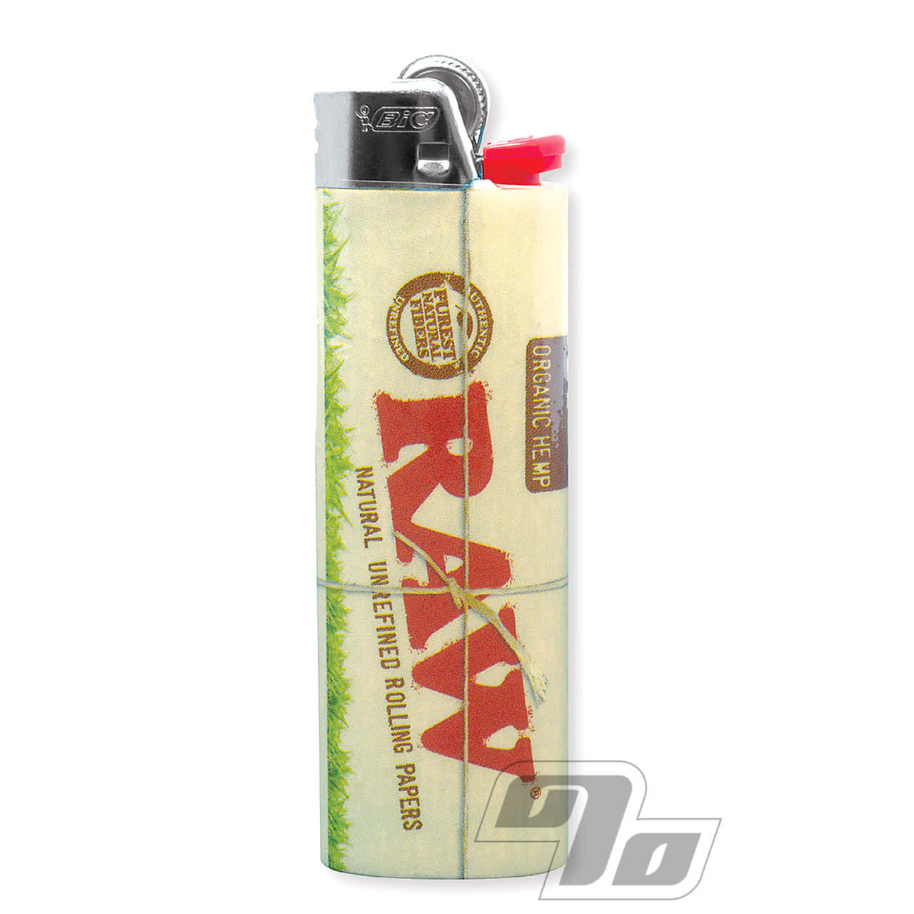 lighter 桌布 壁紙 — 一個銀色打火機，包裹著Raw品牌有機大麻捲紙，帶有紅色標誌和綠色草圖案，背景為白色。
