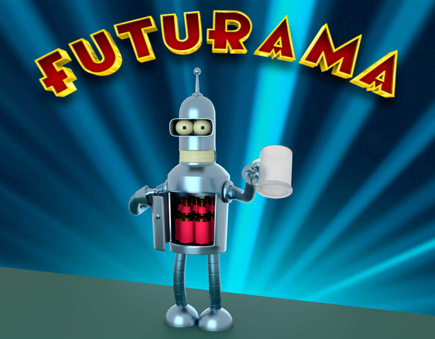 Futurama 桌布 壁紙 — 一個銀色機器人帶有外露的紅色電池，在發光的藍色光線下拿著一個杯子，上方有粗體紅色字母 'FUTURAMA'。