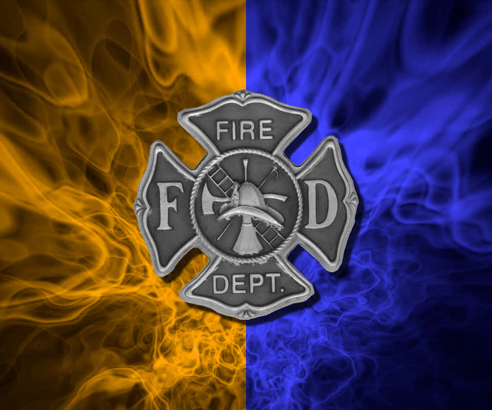 Fire Department 桌布 壁紙 — 一個銀色消防局標誌，居中於旋轉的橙色和藍色火焰中。